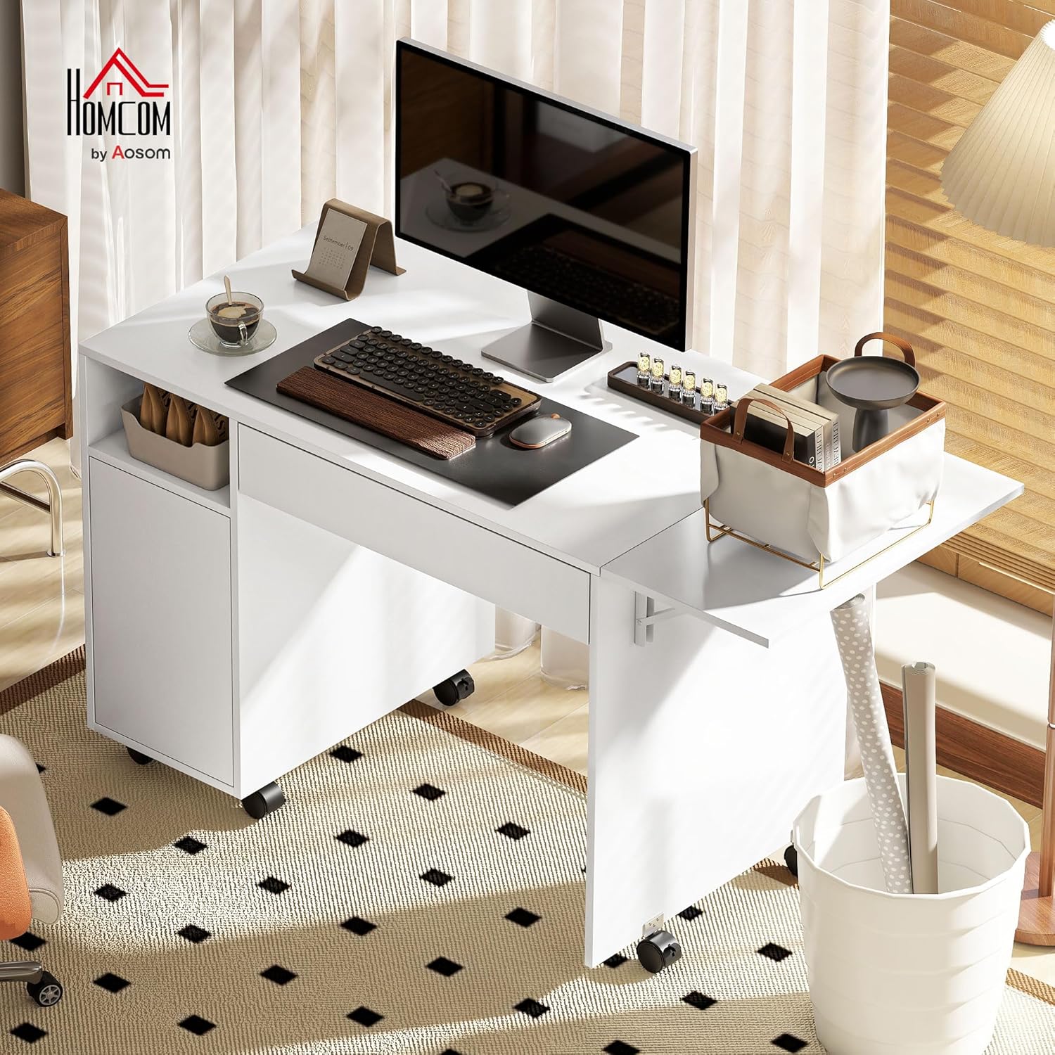 HOMCOM Schreibtisch mit Rollen, Bürotisch mit Schublade, Klappplatte und Schrank 140 x 53 x 75 cm Moderner Computertisch mit offenem Fach, Vertsellbar Regal für Büro, Wohnzimmer Weiß — Ansicht 2