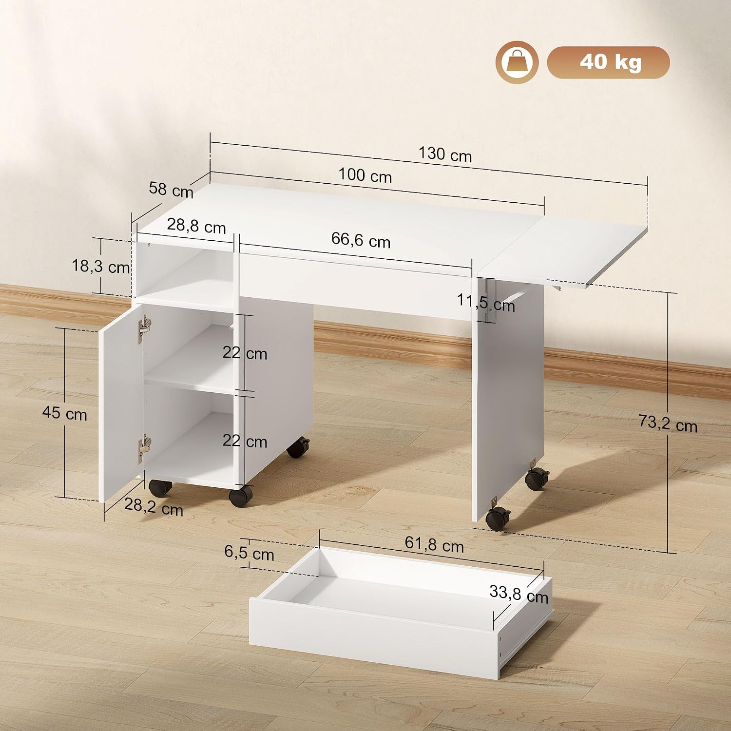 HOMCOM Schreibtisch mit Rollen, Bürotisch mit Schublade, Klappplatte und Schrank 140 x 53 x 75 cm Moderner Computertisch mit offenem Fach, Vertsellbar Regal für Büro, Wohnzimmer Weiß — Ansicht 3