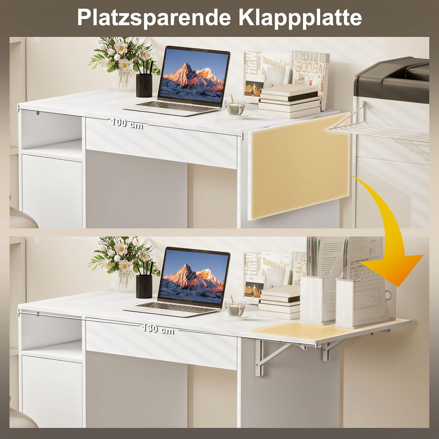 HOMCOM Schreibtisch mit Rollen, Bürotisch mit Schublade, Klappplatte und Schrank 140 x 53 x 75 cm Moderner Computertisch mit offenem Fach, Vertsellbar Regal für Büro, Wohnzimmer Weiß — Ansicht 4