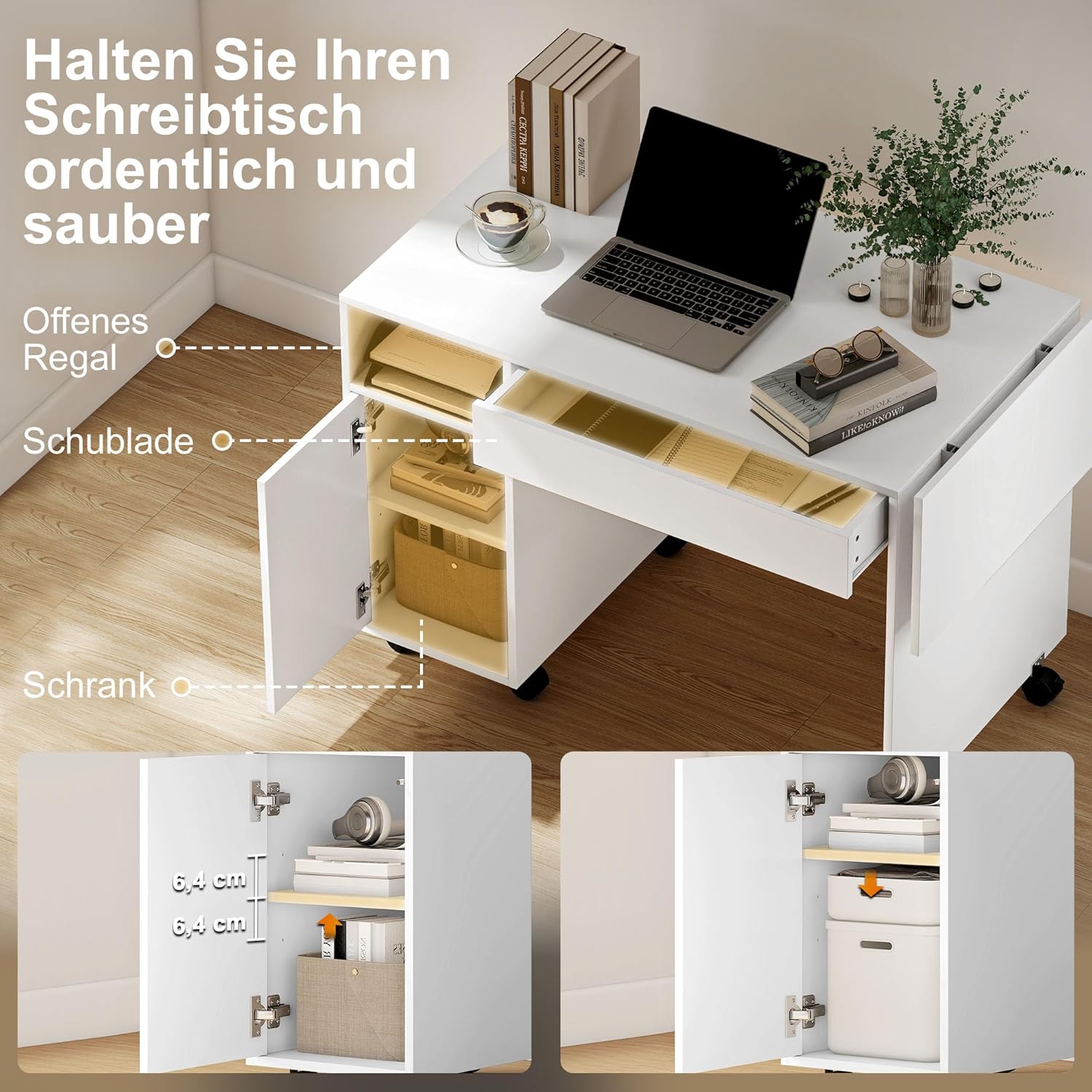 HOMCOM Schreibtisch mit Rollen, Bürotisch mit Schublade, Klappplatte und Schrank 140 x 53 x 75 cm Moderner Computertisch mit offenem Fach, Vertsellbar Regal für Büro, Wohnzimmer Weiß — Ansicht 5