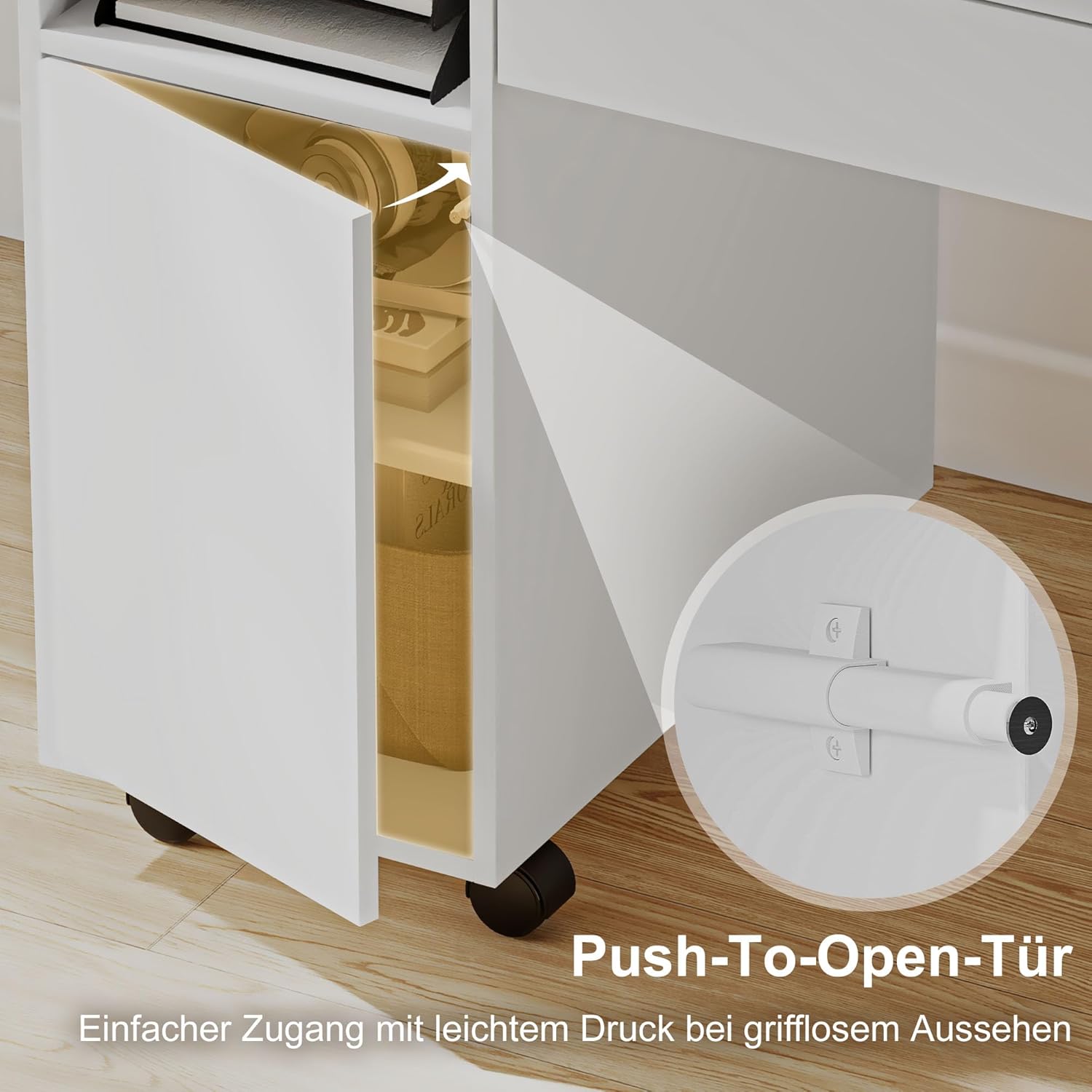 HOMCOM Schreibtisch mit Rollen, Bürotisch mit Schublade, Klappplatte und Schrank 140 x 53 x 75 cm Moderner Computertisch mit offenem Fach, Vertsellbar Regal für Büro, Wohnzimmer Weiß — Ansicht 6