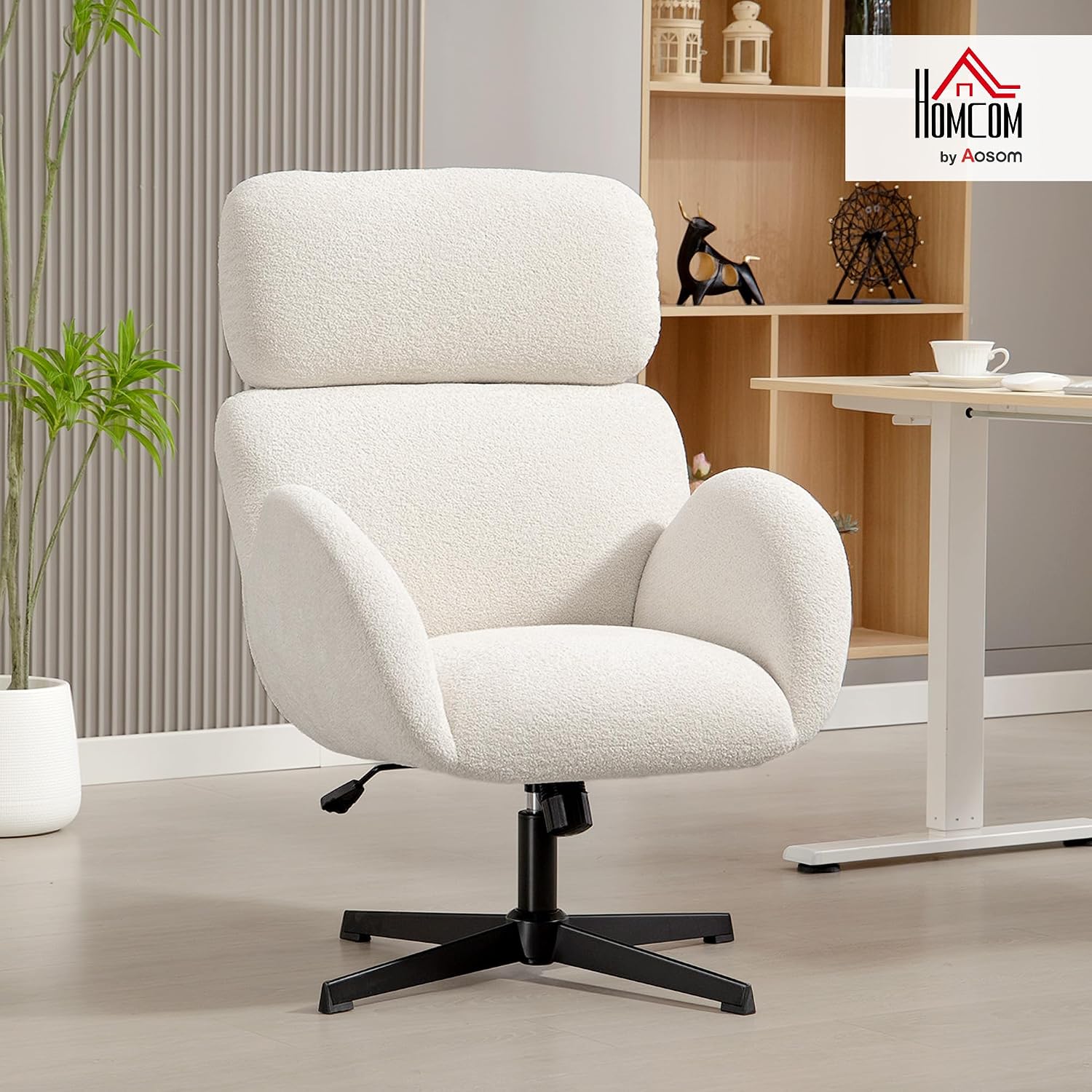 HOMCOM Schreibtischstuhl Ergonomisch Homeoffice Stuhl mit Samtoptik, Verstellbar Kopfstütze, Höhenverstellbar Drehstuhl mit Wippfunktion, Gepolstert Bürostuhl für Schlafzimmer, Arbeitszimmer, Creme — Ansicht 2