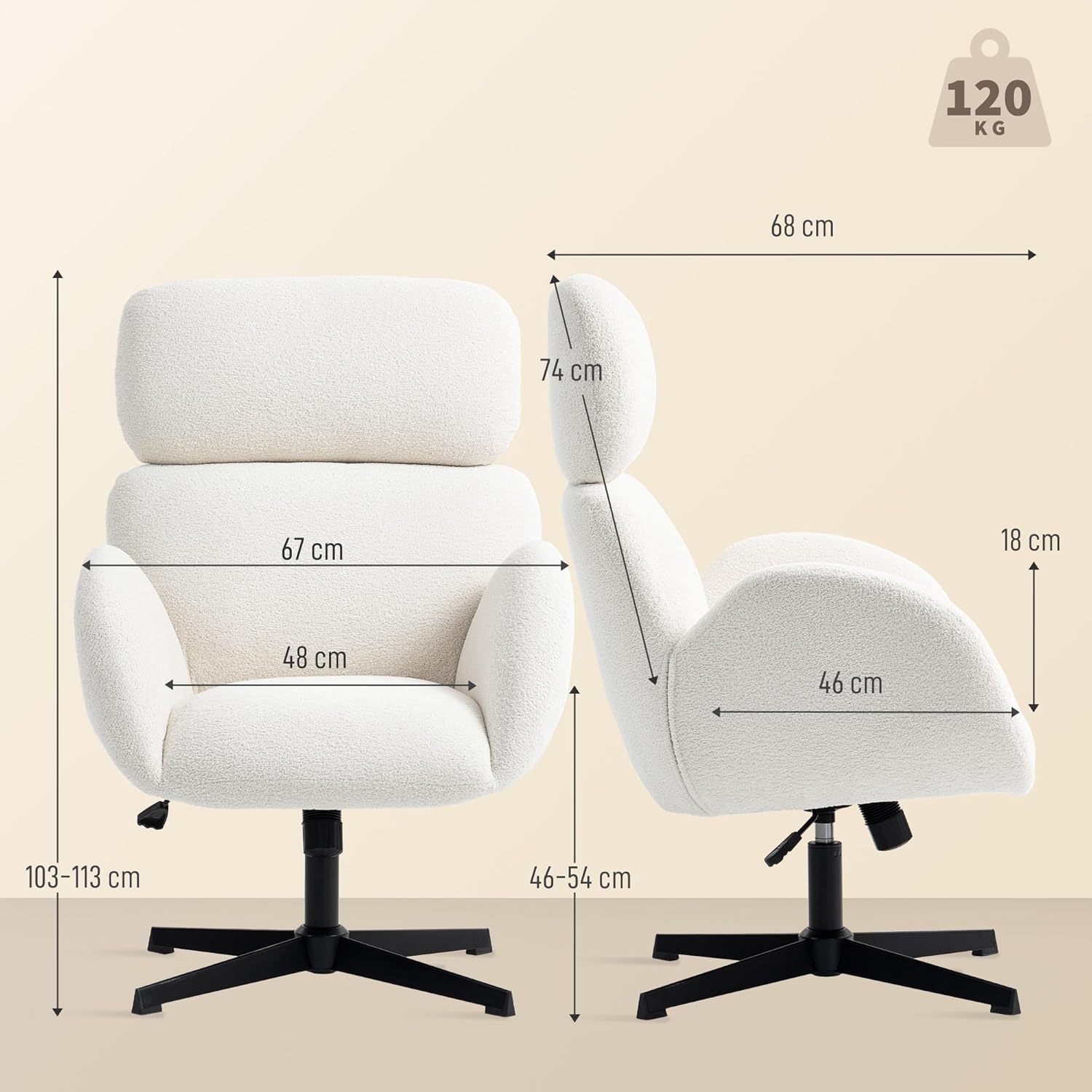 HOMCOM Schreibtischstuhl Ergonomisch Homeoffice Stuhl mit Samtoptik, Verstellbar Kopfstütze, Höhenverstellbar Drehstuhl mit Wippfunktion, Gepolstert Bürostuhl für Schlafzimmer, Arbeitszimmer, Creme — Ansicht 3