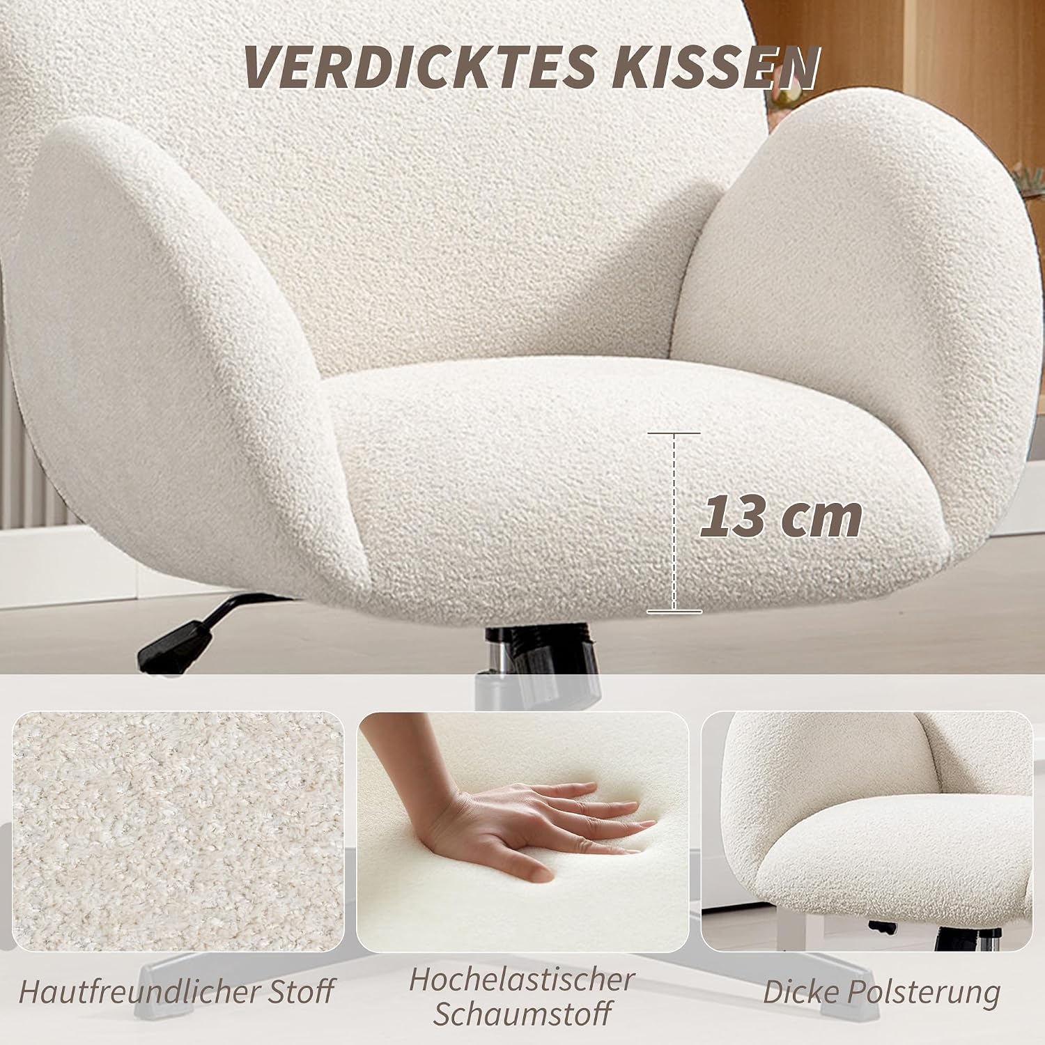 HOMCOM Schreibtischstuhl Ergonomisch Homeoffice Stuhl mit Samtoptik, Verstellbar Kopfstütze, Höhenverstellbar Drehstuhl mit Wippfunktion, Gepolstert Bürostuhl für Schlafzimmer, Arbeitszimmer, Creme — Ansicht 4