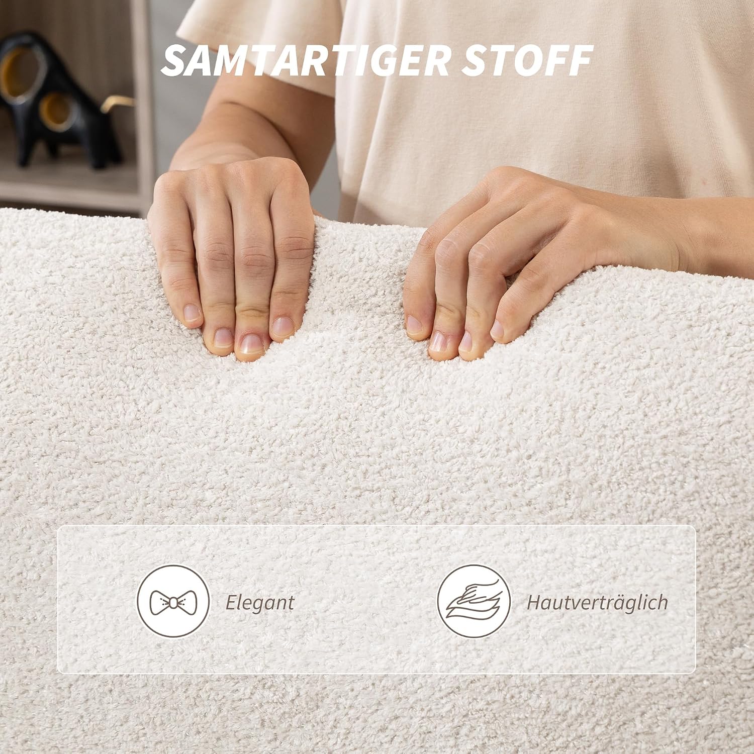 HOMCOM Schreibtischstuhl Ergonomisch Homeoffice Stuhl mit Samtoptik, Verstellbar Kopfstütze, Höhenverstellbar Drehstuhl mit Wippfunktion, Gepolstert Bürostuhl für Schlafzimmer, Arbeitszimmer, Creme — Ansicht 5