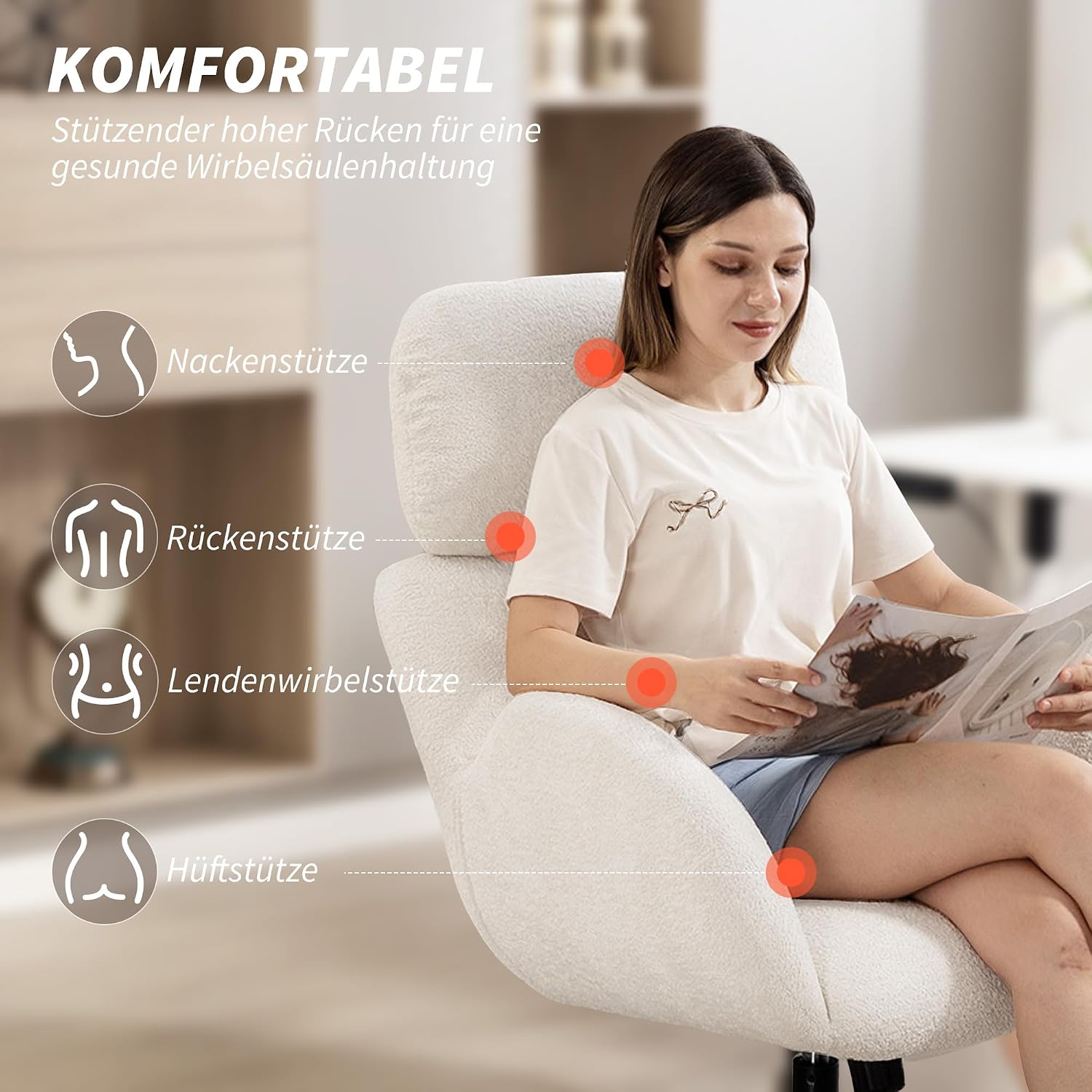 HOMCOM Schreibtischstuhl Ergonomisch Homeoffice Stuhl mit Samtoptik, Verstellbar Kopfstütze, Höhenverstellbar Drehstuhl mit Wippfunktion, Gepolstert Bürostuhl für Schlafzimmer, Arbeitszimmer, Creme — Ansicht 6