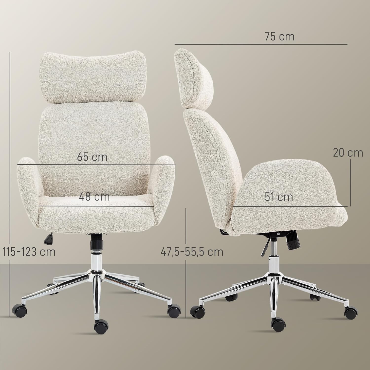 HOMCOM Schreibtischstuhl Homeoffice Stuhl mit Armlehne, Verstellbarer Kopfstütze, Höhenverstellbar Drehstuhl mit Wippfunktion, Bürostuhl bis 120 kg für Schlafzimmer, Arbeitszimmer, Grauweiß — Ansicht 3