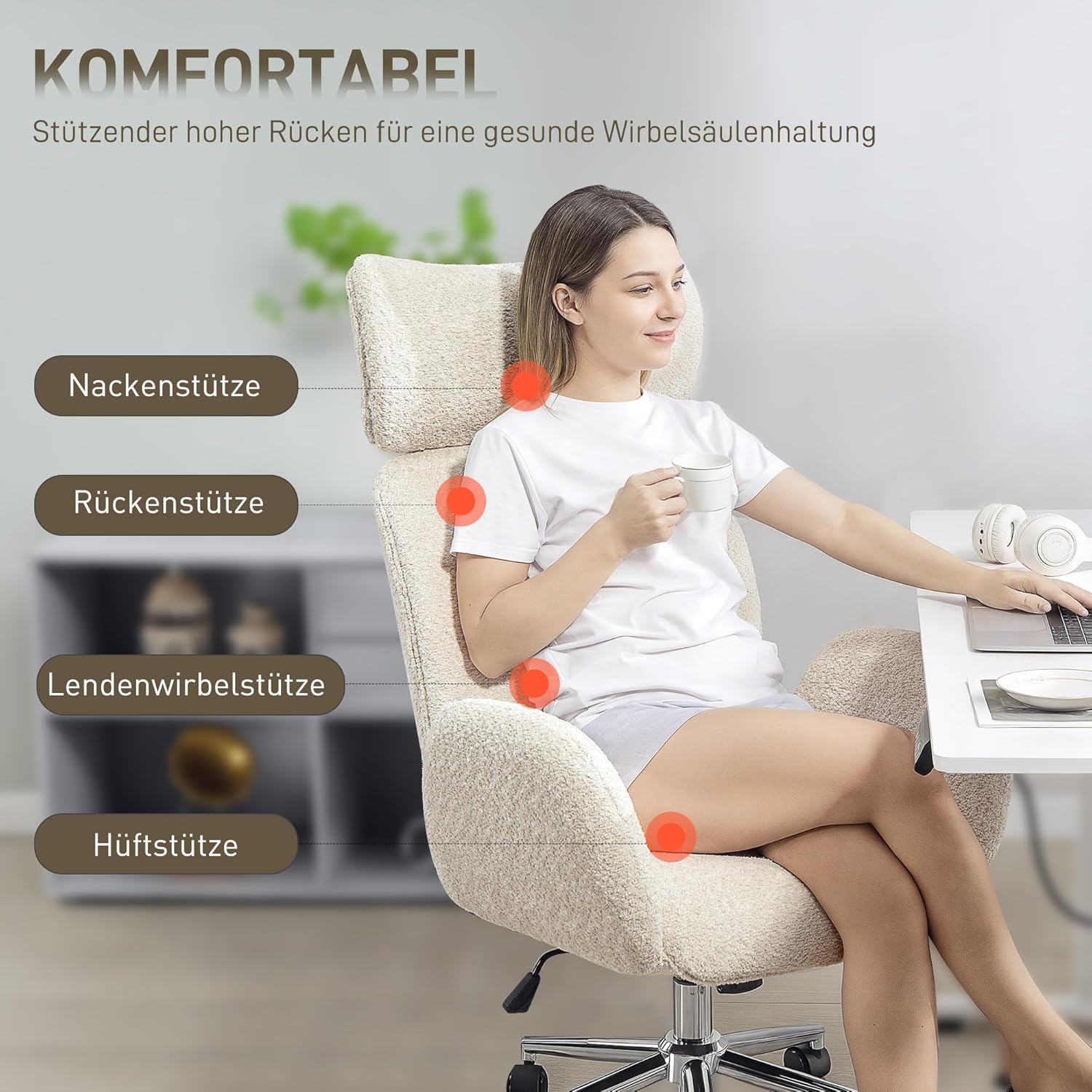 HOMCOM Schreibtischstuhl Homeoffice Stuhl mit Armlehne, Verstellbarer Kopfstütze, Höhenverstellbar Drehstuhl mit Wippfunktion, Bürostuhl bis 120 kg für Schlafzimmer, Arbeitszimmer, Grauweiß — Ansicht 4