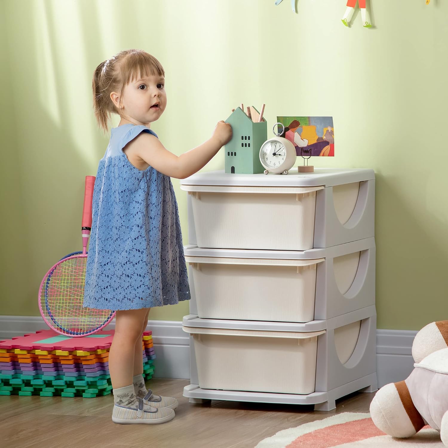 HOMCOM Schubladenschrank für Kinder mit Stauraum Aufbewahrungsboxen Spielzeug-Organizer Spielzeugkiste drei Ebenen für Kinderzimmer 3-6 Jahre Kindermöbel Cremeweiß 37 x 37 x 56,5 cm — Ansicht 2