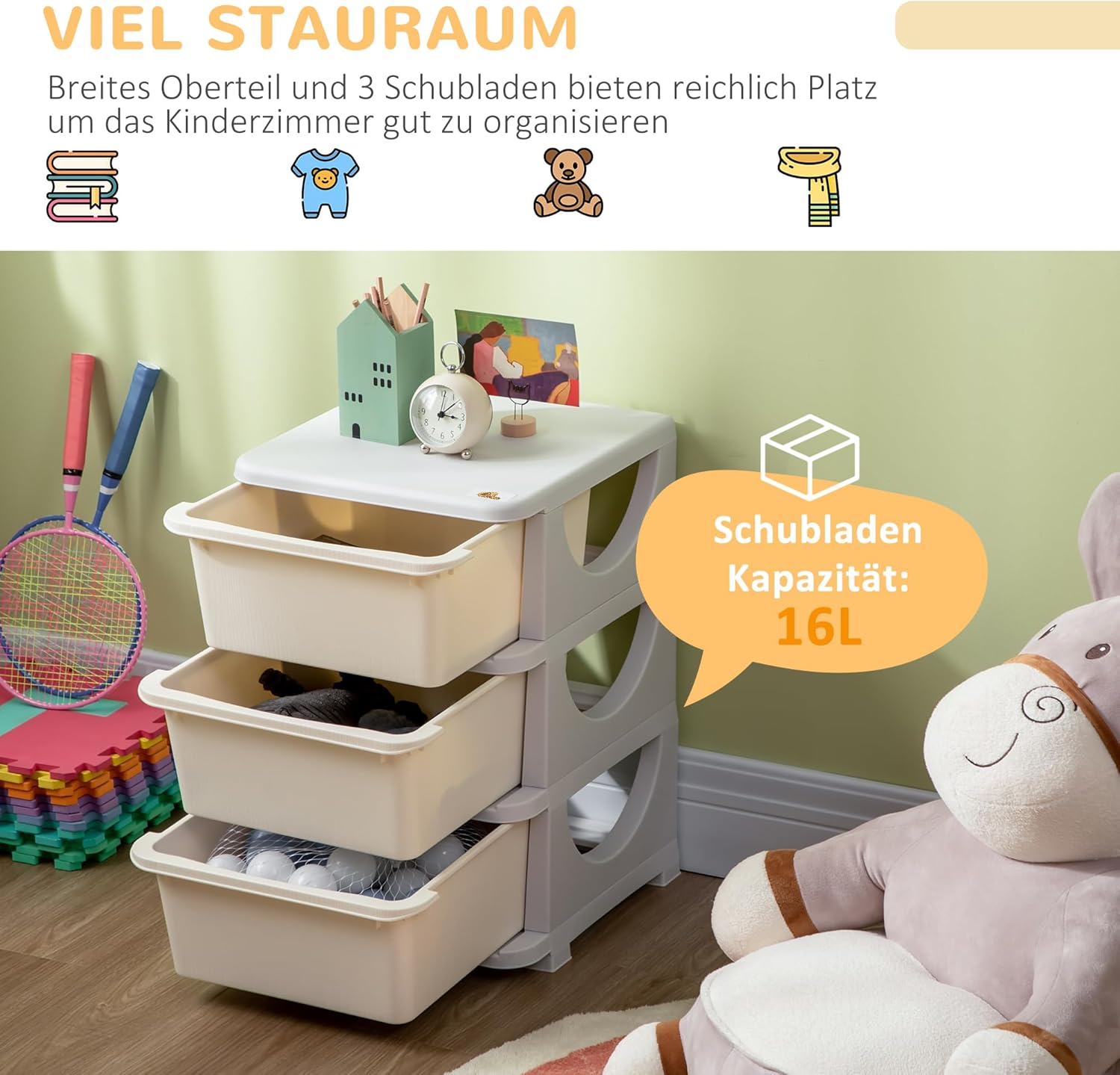 HOMCOM Schubladenschrank für Kinder mit Stauraum Aufbewahrungsboxen Spielzeug-Organizer Spielzeugkiste drei Ebenen für Kinderzimmer 3-6 Jahre Kindermöbel Cremeweiß 37 x 37 x 56,5 cm — Ansicht 3