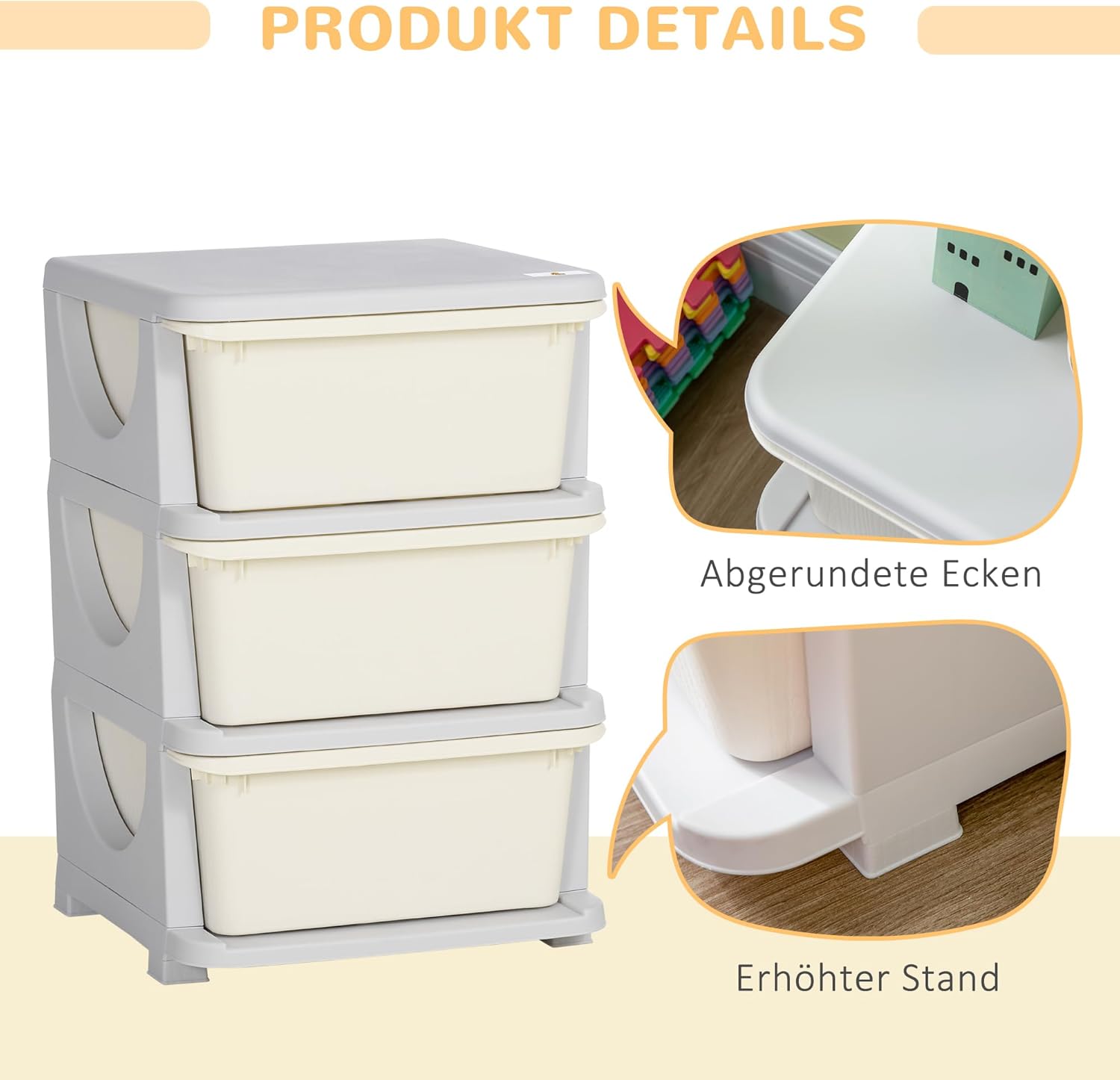 HOMCOM Schubladenschrank für Kinder mit Stauraum Aufbewahrungsboxen Spielzeug-Organizer Spielzeugkiste drei Ebenen für Kinderzimmer 3-6 Jahre Kindermöbel Cremeweiß 37 x 37 x 56,5 cm — Ansicht 4