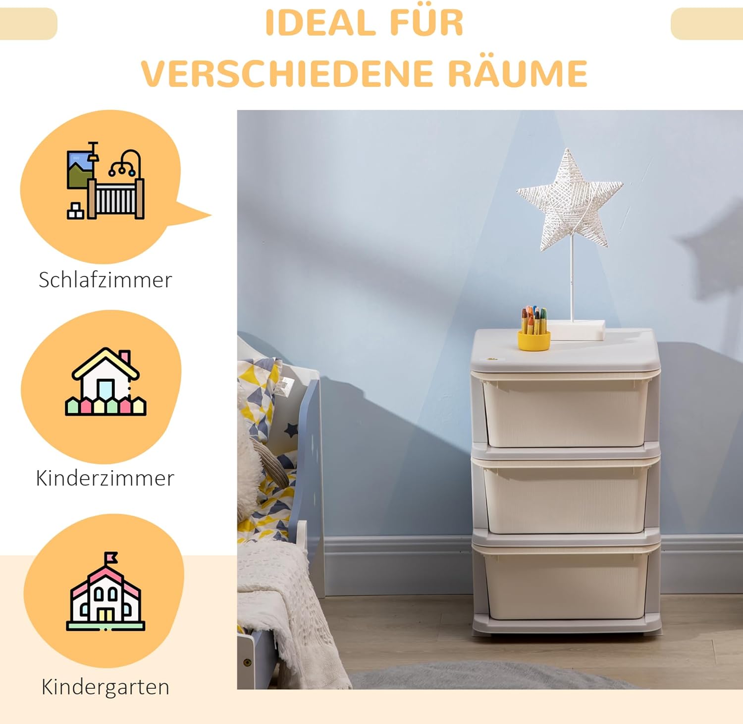HOMCOM Schubladenschrank für Kinder mit Stauraum Aufbewahrungsboxen Spielzeug-Organizer Spielzeugkiste drei Ebenen für Kinderzimmer 3-6 Jahre Kindermöbel Cremeweiß 37 x 37 x 56,5 cm — Ansicht 5