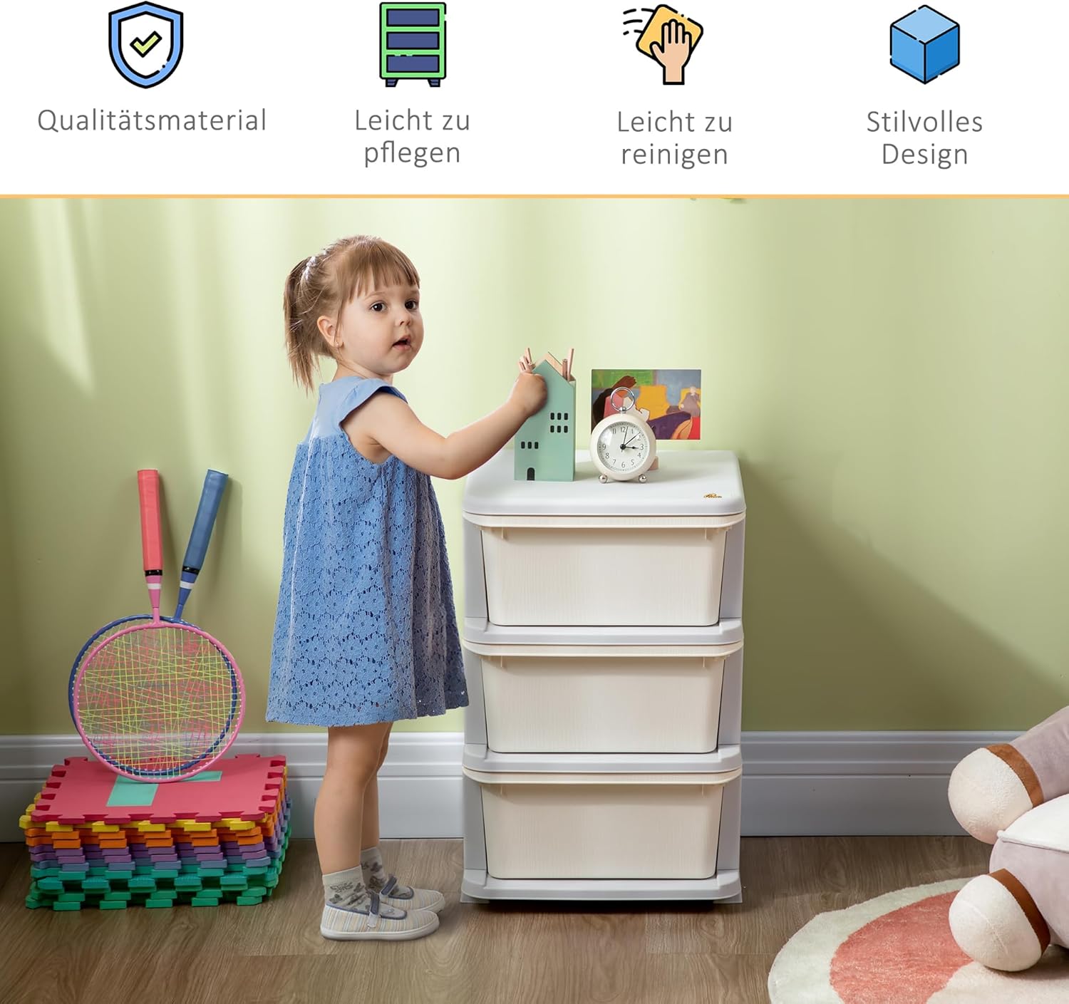 HOMCOM Schubladenschrank für Kinder mit Stauraum Aufbewahrungsboxen Spielzeug-Organizer Spielzeugkiste drei Ebenen für Kinderzimmer 3-6 Jahre Kindermöbel Cremeweiß 37 x 37 x 56,5 cm — Ansicht 6