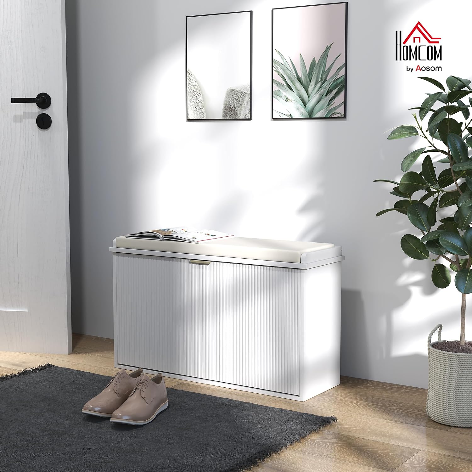 HOMCOM Schuhbank mit gepolstertem Sitzkissen und Klappschublade, Schuhschrank bis 120 kg belastbar, für Flur, Eingangsbereich und Veranda, 80 x 26 x 47,5 cm, Weiß — Ansicht 2