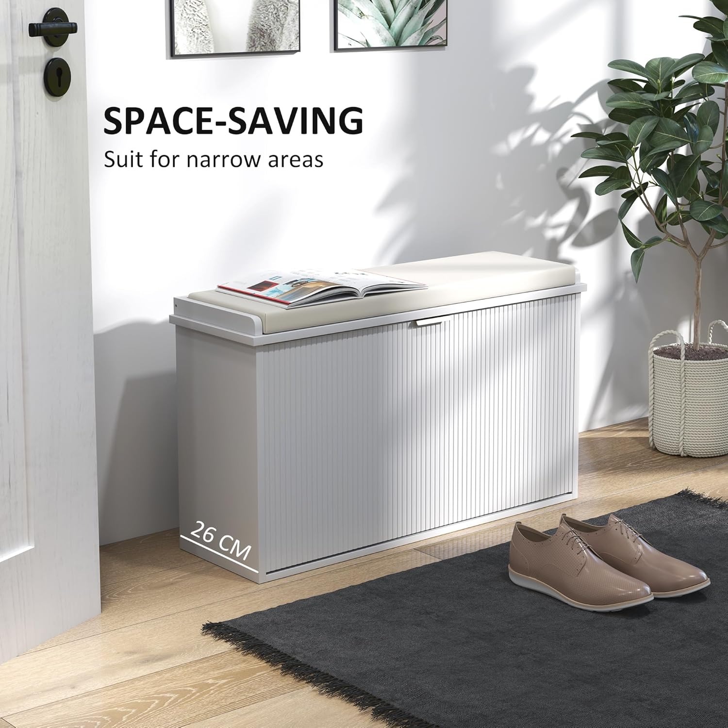 HOMCOM Schuhbank mit gepolstertem Sitzkissen und Klappschublade, Schuhschrank bis 120 kg belastbar, für Flur, Eingangsbereich und Veranda, 80 x 26 x 47,5 cm, Weiß — Ansicht 3