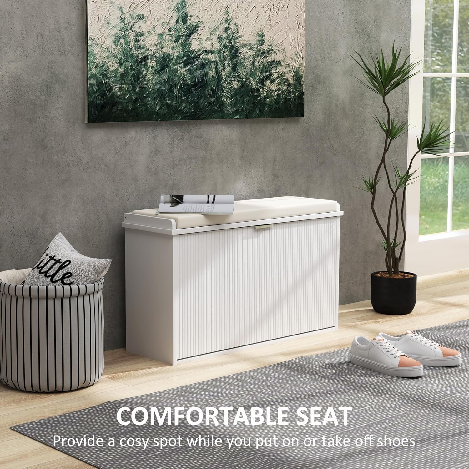 HOMCOM Schuhbank mit gepolstertem Sitzkissen und Klappschublade, Schuhschrank bis 120 kg belastbar, für Flur, Eingangsbereich und Veranda, 80 x 26 x 47,5 cm, Weiß — Ansicht 4