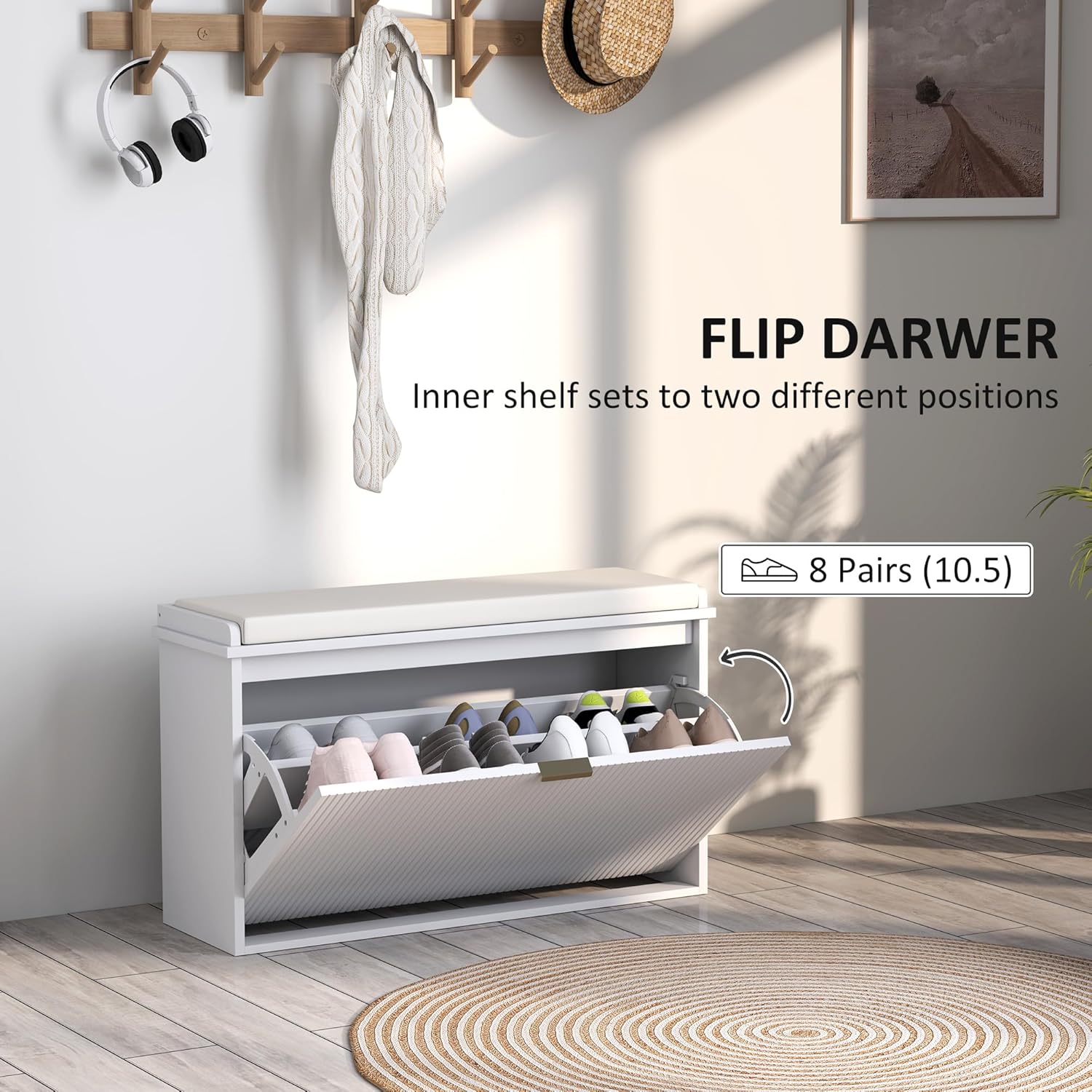 HOMCOM Schuhbank mit gepolstertem Sitzkissen und Klappschublade, Schuhschrank bis 120 kg belastbar, für Flur, Eingangsbereich und Veranda, 80 x 26 x 47,5 cm, Weiß — Ansicht 5
