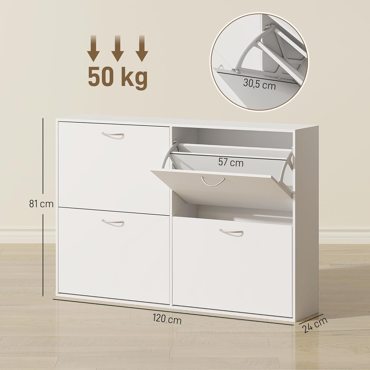 HOMCOM Schuhkipper Schuhschrank Schuhständer Schuhregal mit 4 Klappen 16–24 Paar Weiß 120 x 24 x 81 cm — Ansicht 3