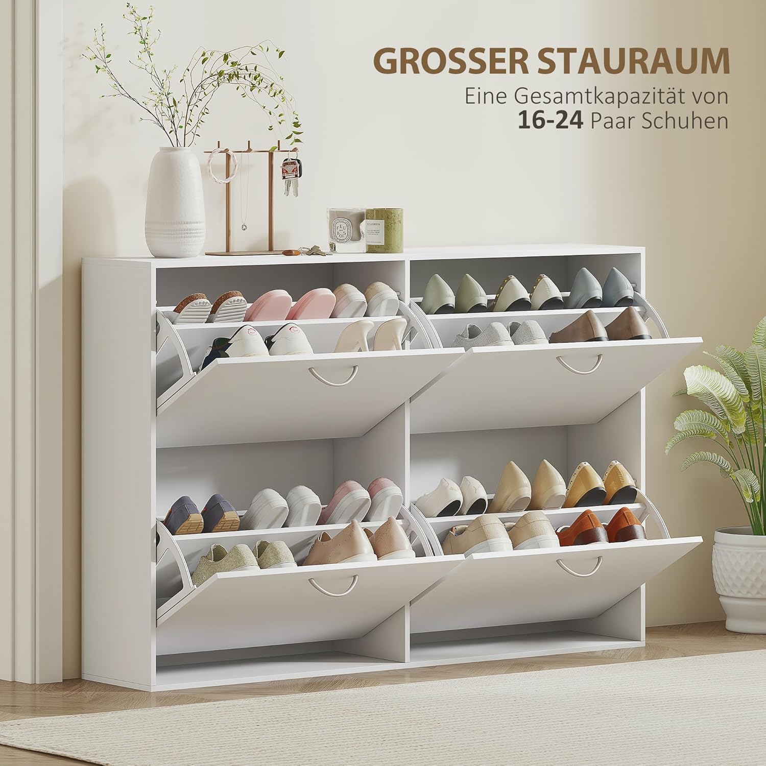 HOMCOM Schuhkipper Schuhschrank Schuhständer Schuhregal mit 4 Klappen 16–24 Paar Weiß 120 x 24 x 81 cm — Ansicht 4
