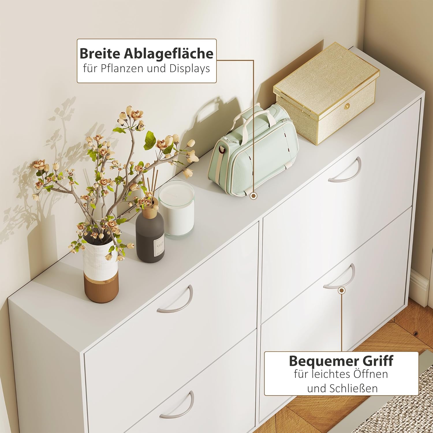 HOMCOM Schuhkipper Schuhschrank Schuhständer Schuhregal mit 4 Klappen 16–24 Paar Weiß 120 x 24 x 81 cm — Ansicht 6