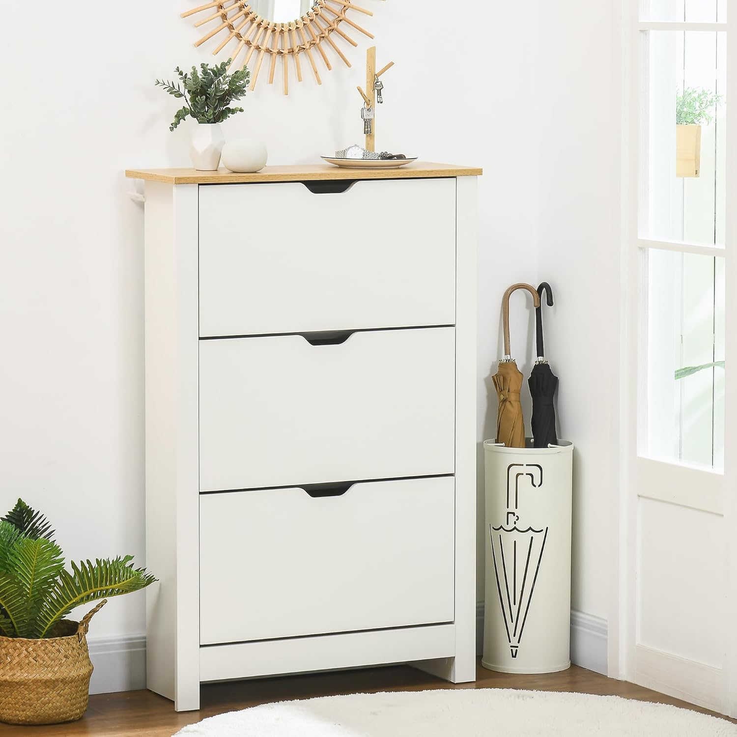 HOMCOM Schuhschrank, 18 Paar, schmal, mit 3 aufklappbaren Schubladen und verstellbaren Regalen, moderner Stil, für Flur, Eingang, 72 x 26 x 112 cm, Weiß — Ansicht 2