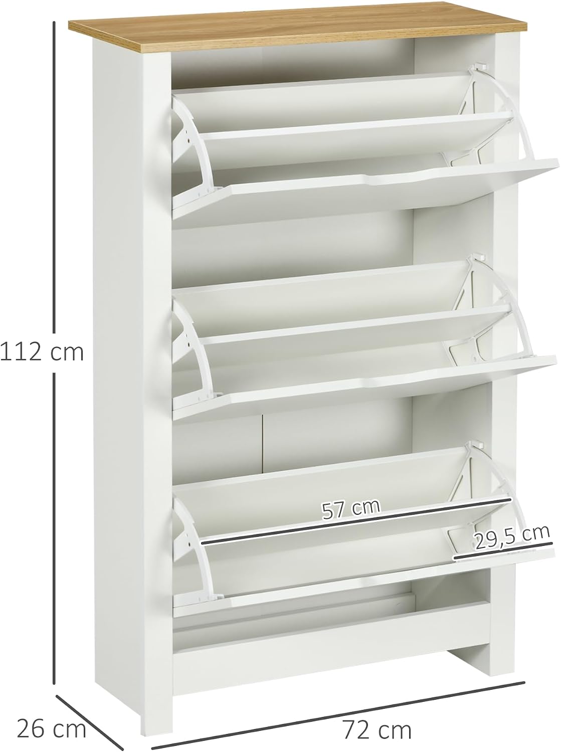 HOMCOM Schuhschrank, 18 Paar, schmal, mit 3 aufklappbaren Schubladen und verstellbaren Regalen, moderner Stil, für Flur, Eingang, 72 x 26 x 112 cm, Weiß — Ansicht 3