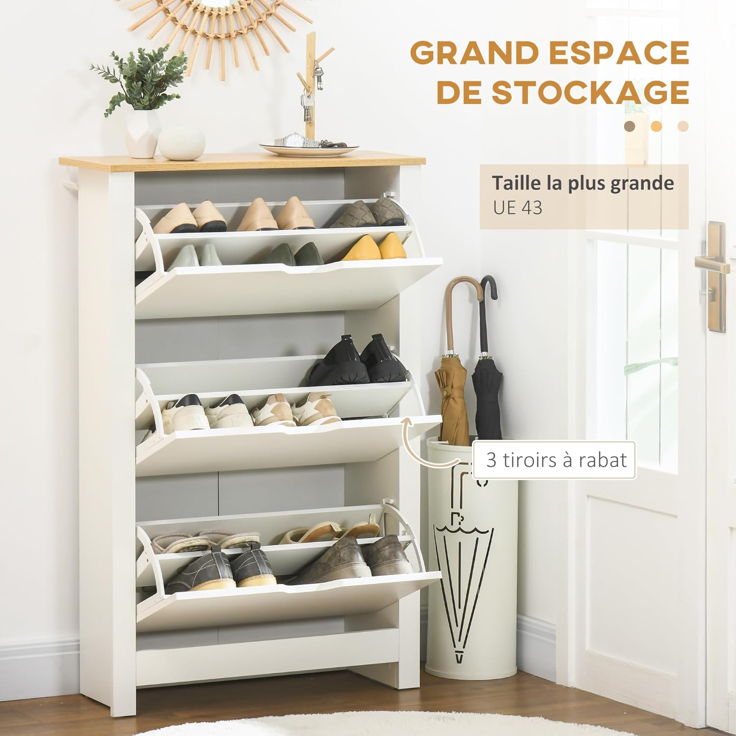 HOMCOM Schuhschrank, 18 Paar, schmal, mit 3 aufklappbaren Schubladen und verstellbaren Regalen, moderner Stil, für Flur, Eingang, 72 x 26 x 112 cm, Weiß — Ansicht 5