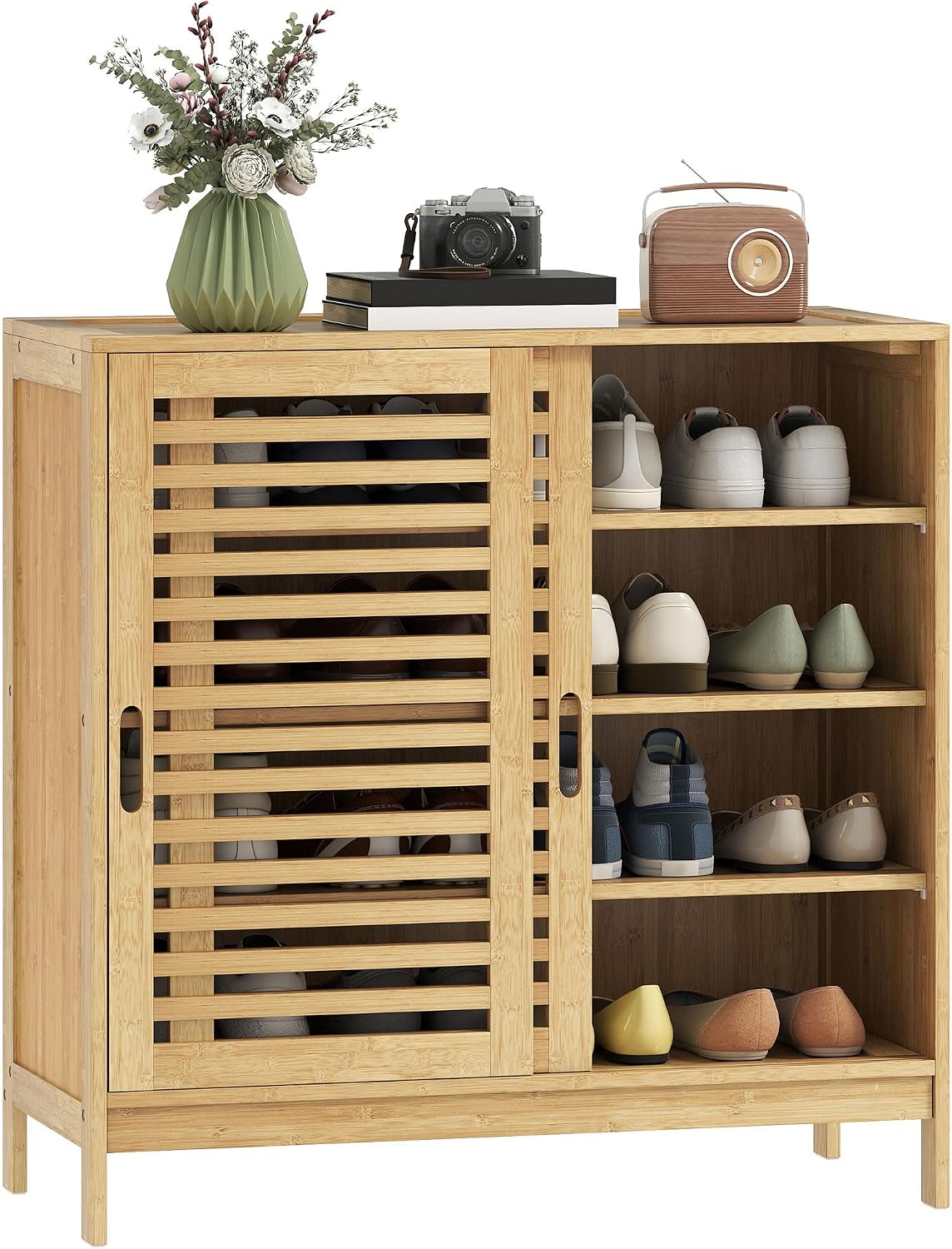HOMCOM Schuhschrank aus Bambus, 16 Paar, Schuhschrank, 4 Ebenen, mit 2 Schiebetüren mit Latten, verstellbare Regale, nordischer Stil, für Flur, Eingang, 80 x 35 x 80 cm, Naturholz