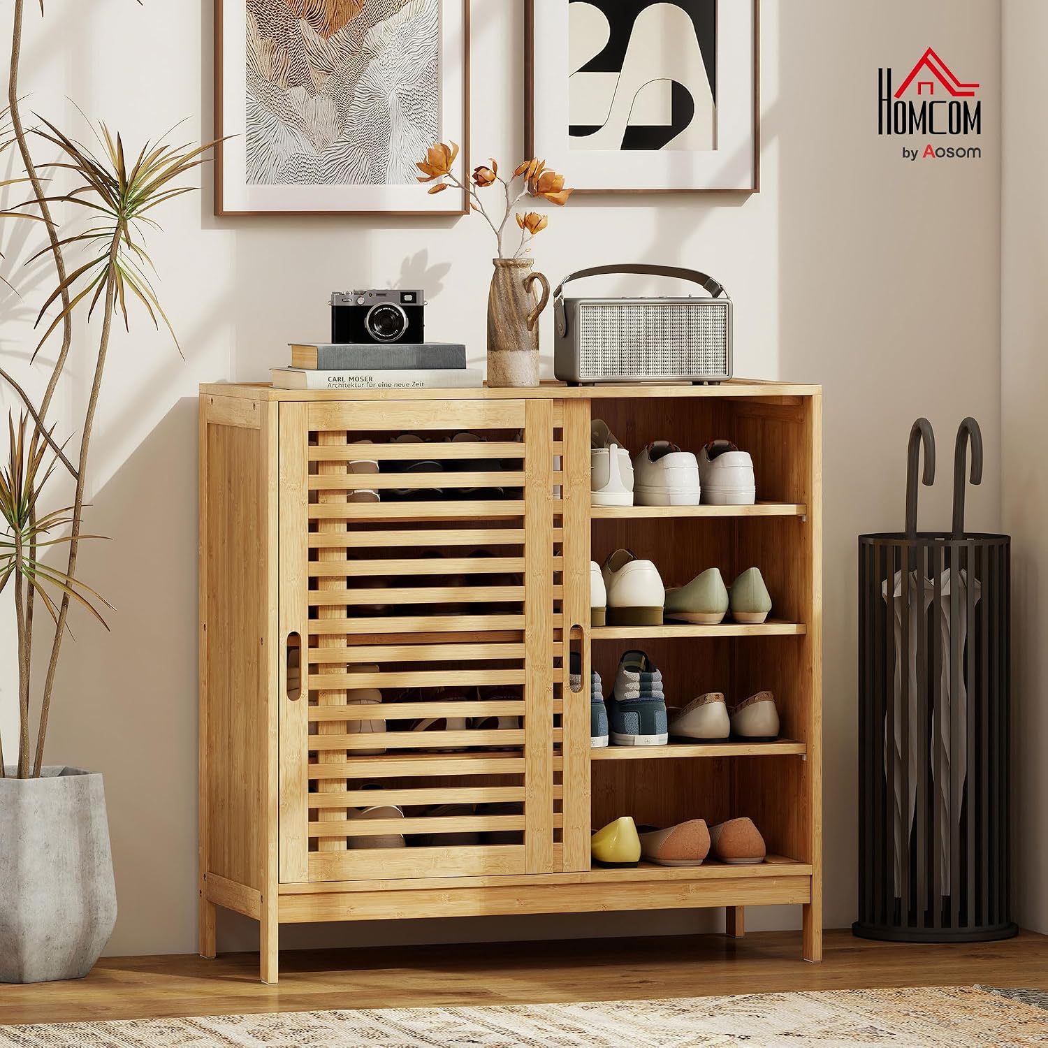 HOMCOM Schuhschrank aus Bambus, 16 Paar, Schuhschrank, 4 Ebenen, mit 2 Schiebetüren mit Latten, verstellbare Regale, nordischer Stil, für Flur, Eingang, 80 x 35 x 80 cm, Naturholz — Ansicht 2
