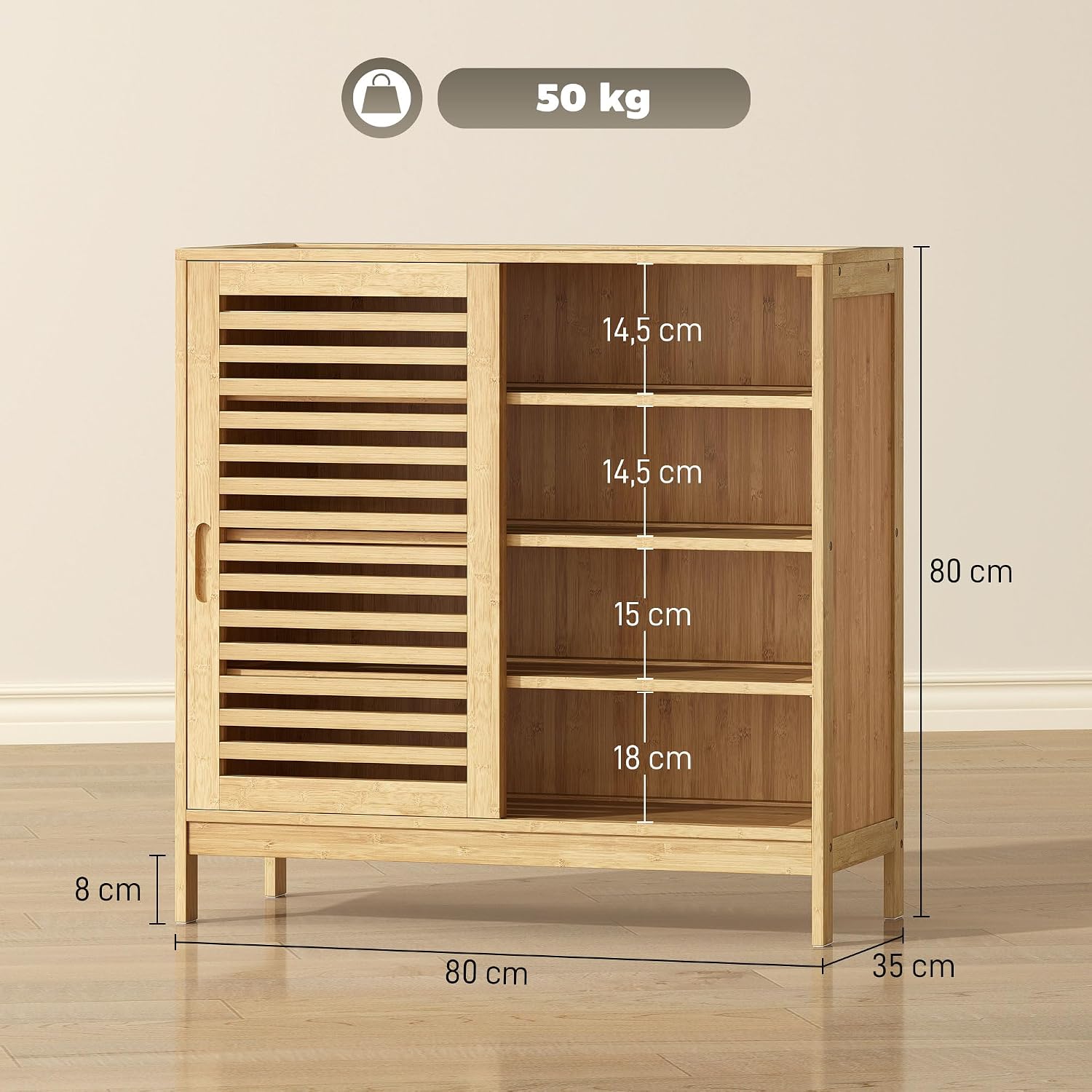 HOMCOM Schuhschrank aus Bambus, 16 Paar, Schuhschrank, 4 Ebenen, mit 2 Schiebetüren mit Latten, verstellbare Regale, nordischer Stil, für Flur, Eingang, 80 x 35 x 80 cm, Naturholz — Ansicht 3