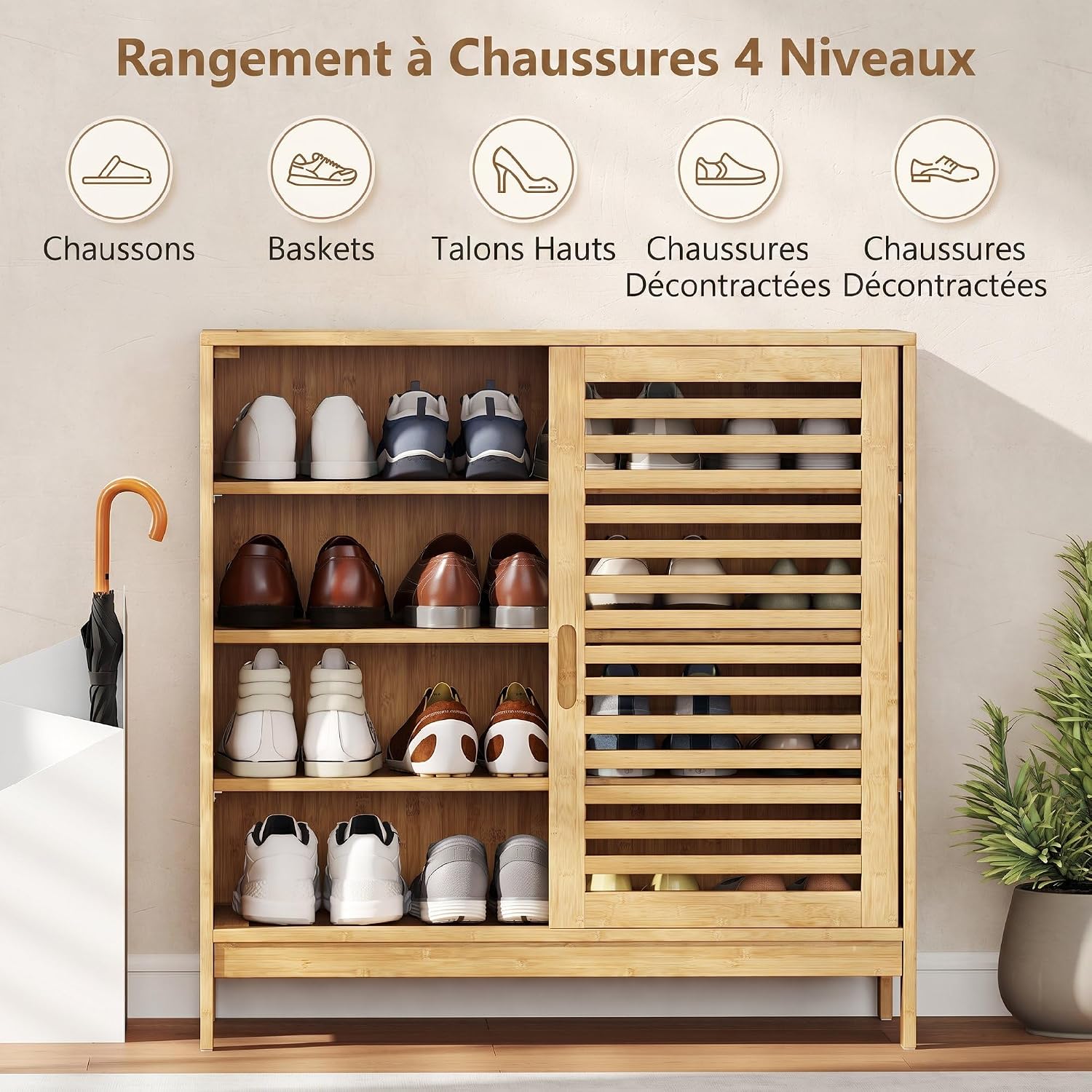 HOMCOM Schuhschrank aus Bambus, 16 Paar, Schuhschrank, 4 Ebenen, mit 2 Schiebetüren mit Latten, verstellbare Regale, nordischer Stil, für Flur, Eingang, 80 x 35 x 80 cm, Naturholz — Ansicht 4
