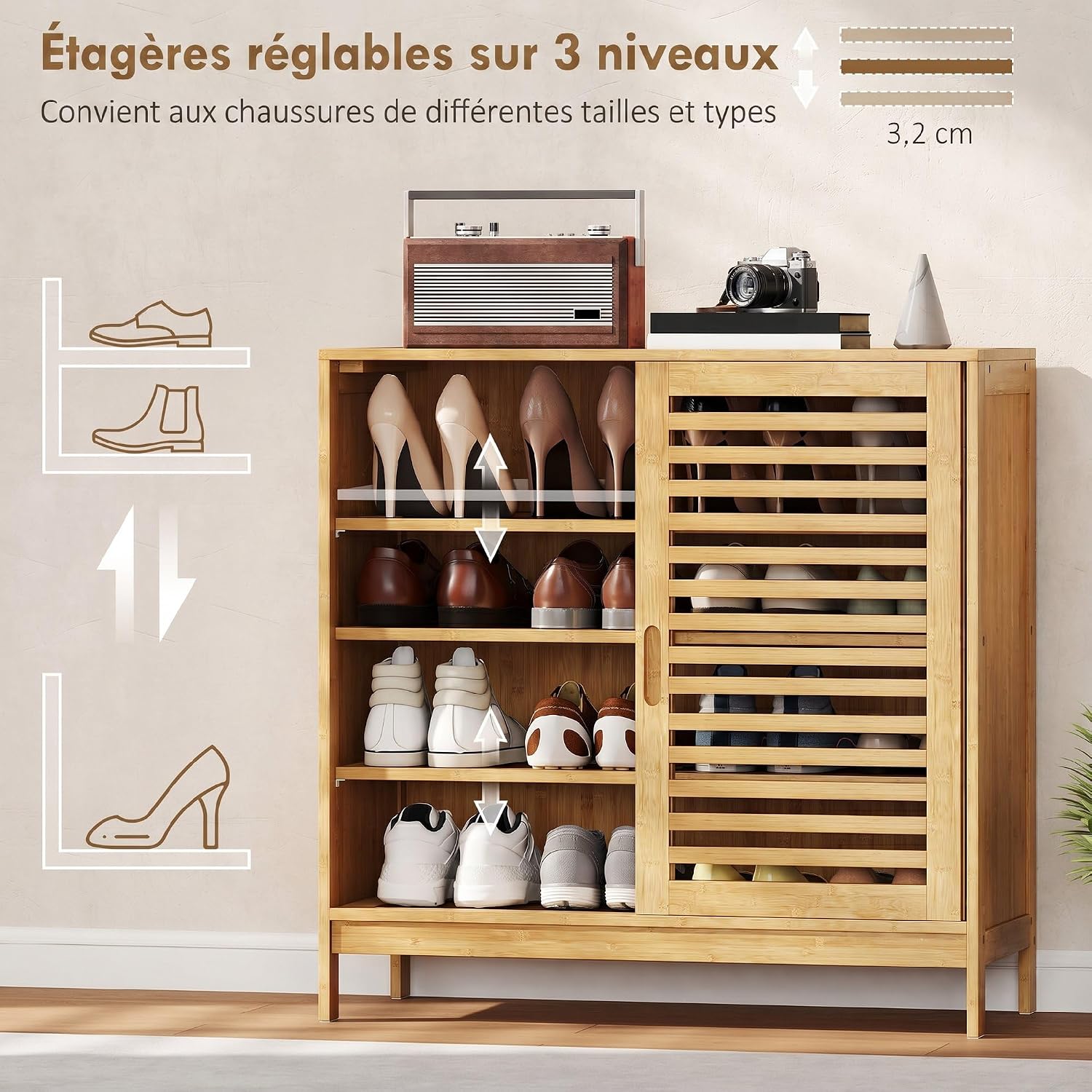 HOMCOM Schuhschrank aus Bambus, 16 Paar, Schuhschrank, 4 Ebenen, mit 2 Schiebetüren mit Latten, verstellbare Regale, nordischer Stil, für Flur, Eingang, 80 x 35 x 80 cm, Naturholz — Ansicht 5