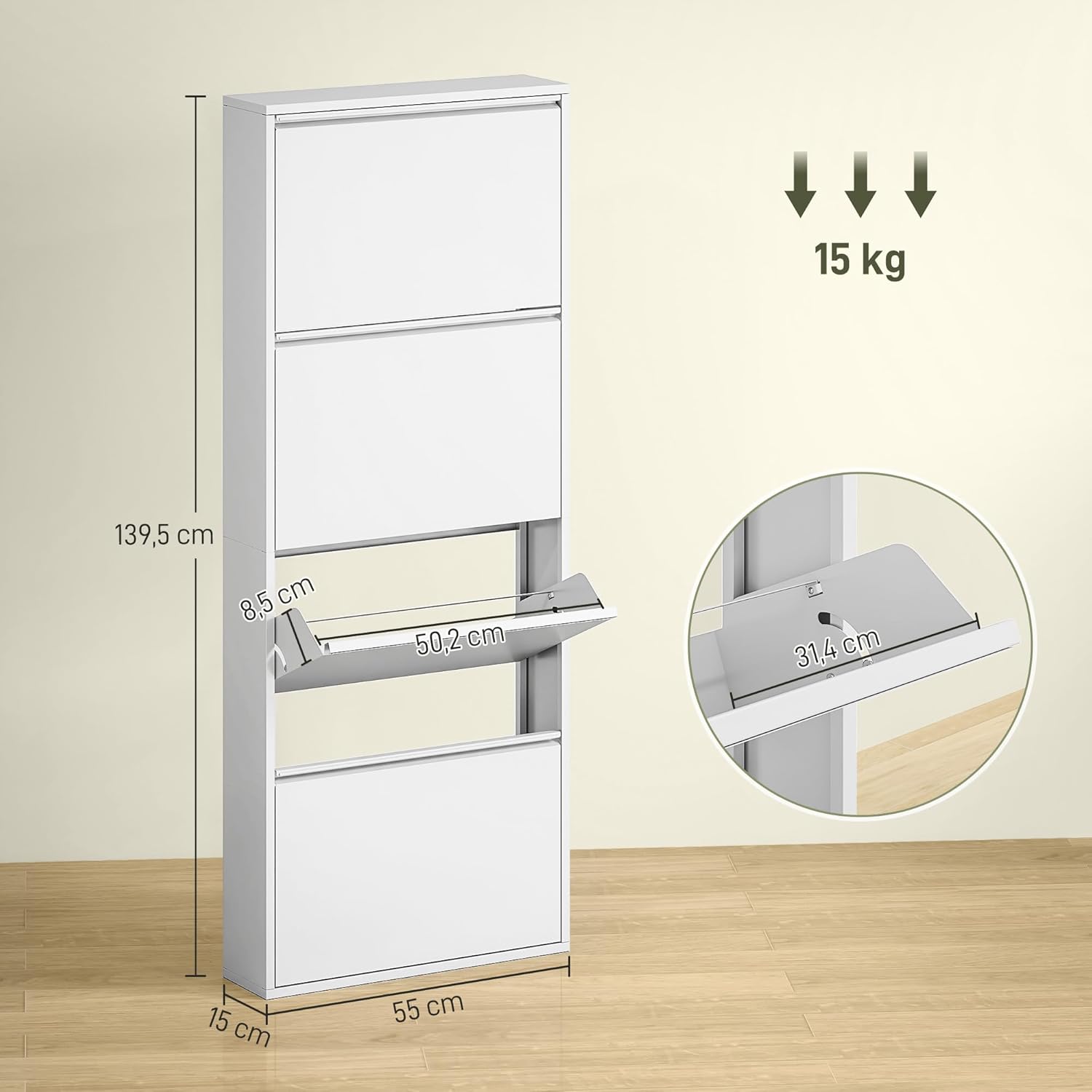 HOMCOM Schuhschrank Metall mit 4 Klappen Schuhkipper Schmal Schuhkommode Schuhregal Schuhablage Wandmontage für 8 Paar Schuhe 55 x 15 x 139,5 cm Weiß — Ansicht 3