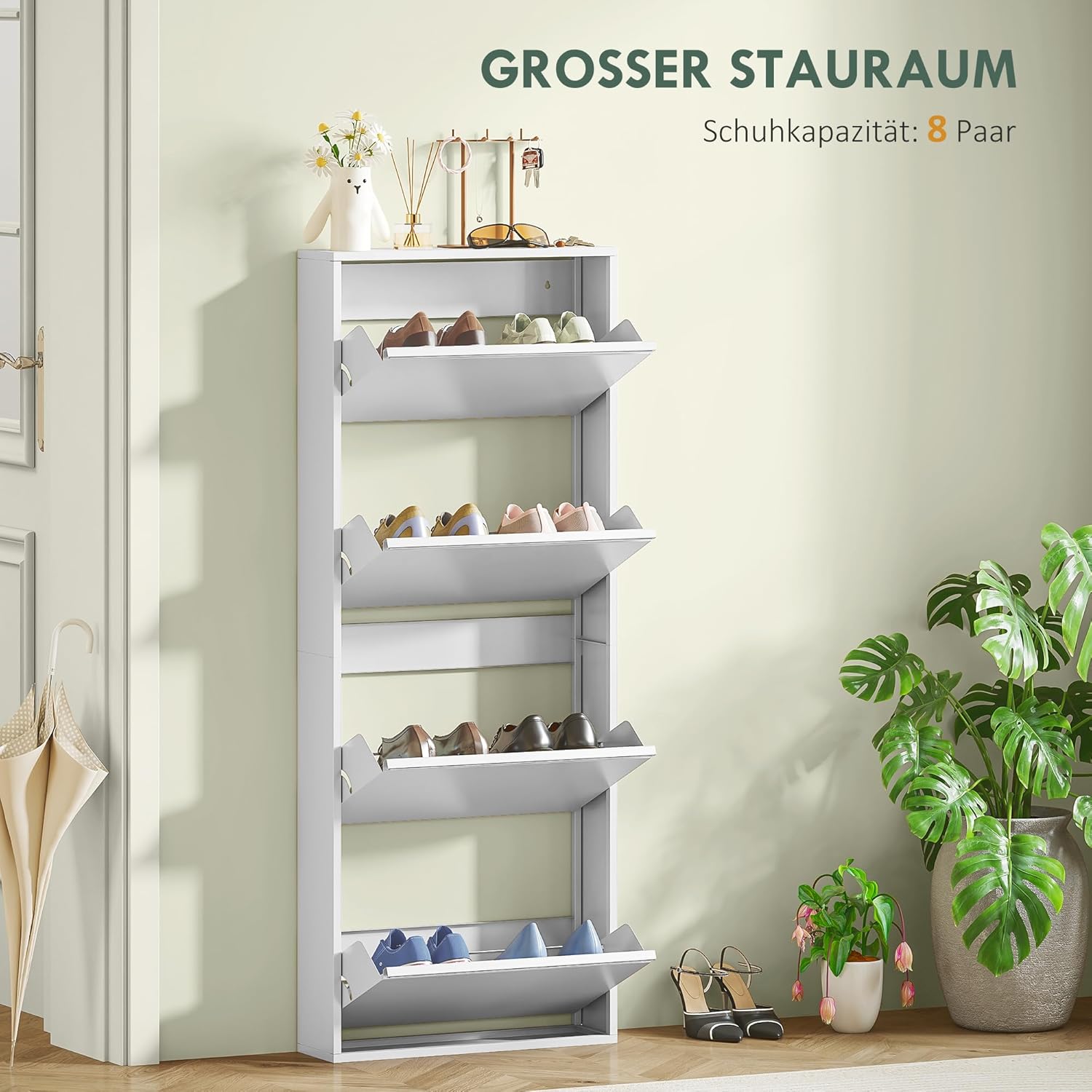HOMCOM Schuhschrank Metall mit 4 Klappen Schuhkipper Schmal Schuhkommode Schuhregal Schuhablage Wandmontage für 8 Paar Schuhe 55 x 15 x 139,5 cm Weiß — Ansicht 4