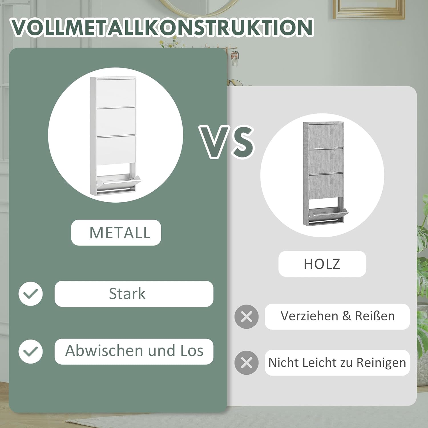 HOMCOM Schuhschrank Metall mit 4 Klappen Schuhkipper Schmal Schuhkommode Schuhregal Schuhablage Wandmontage für 8 Paar Schuhe 55 x 15 x 139,5 cm Weiß — Ansicht 5