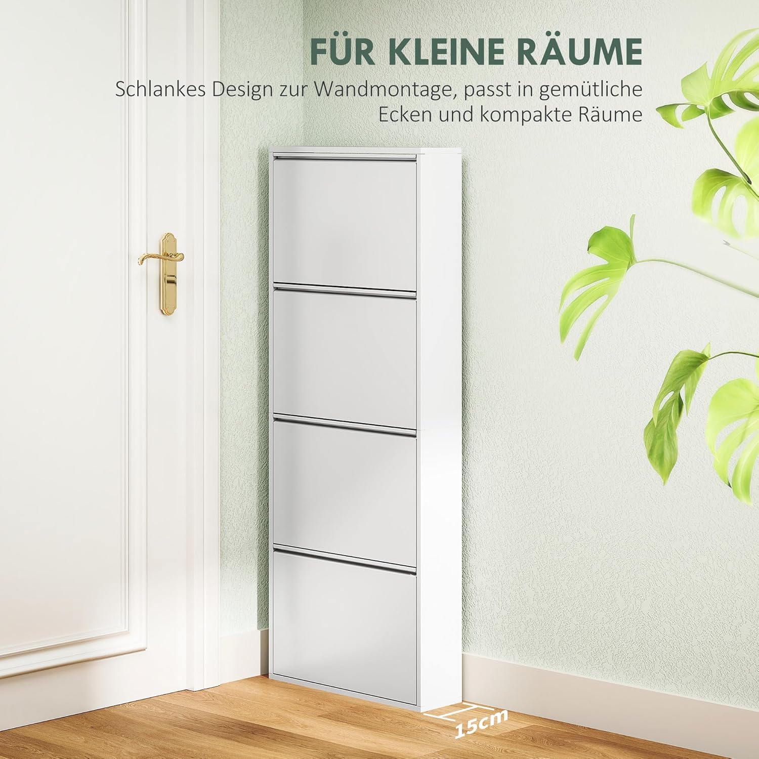 HOMCOM Schuhschrank Metall mit 4 Klappen Schuhkipper Schmal Schuhkommode Schuhregal Schuhablage Wandmontage für 8 Paar Schuhe 55 x 15 x 139,5 cm Weiß — Ansicht 6