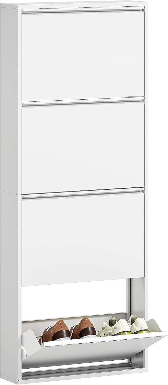 HOMCOM Schuhschrank Metall mit 4 Klappen Schuhkipper Schmal Schuhkommode Schuhregal Schuhablage Wandmontage für 8 Paar Schuhe 55 x 15 x 139,5 cm Weiß