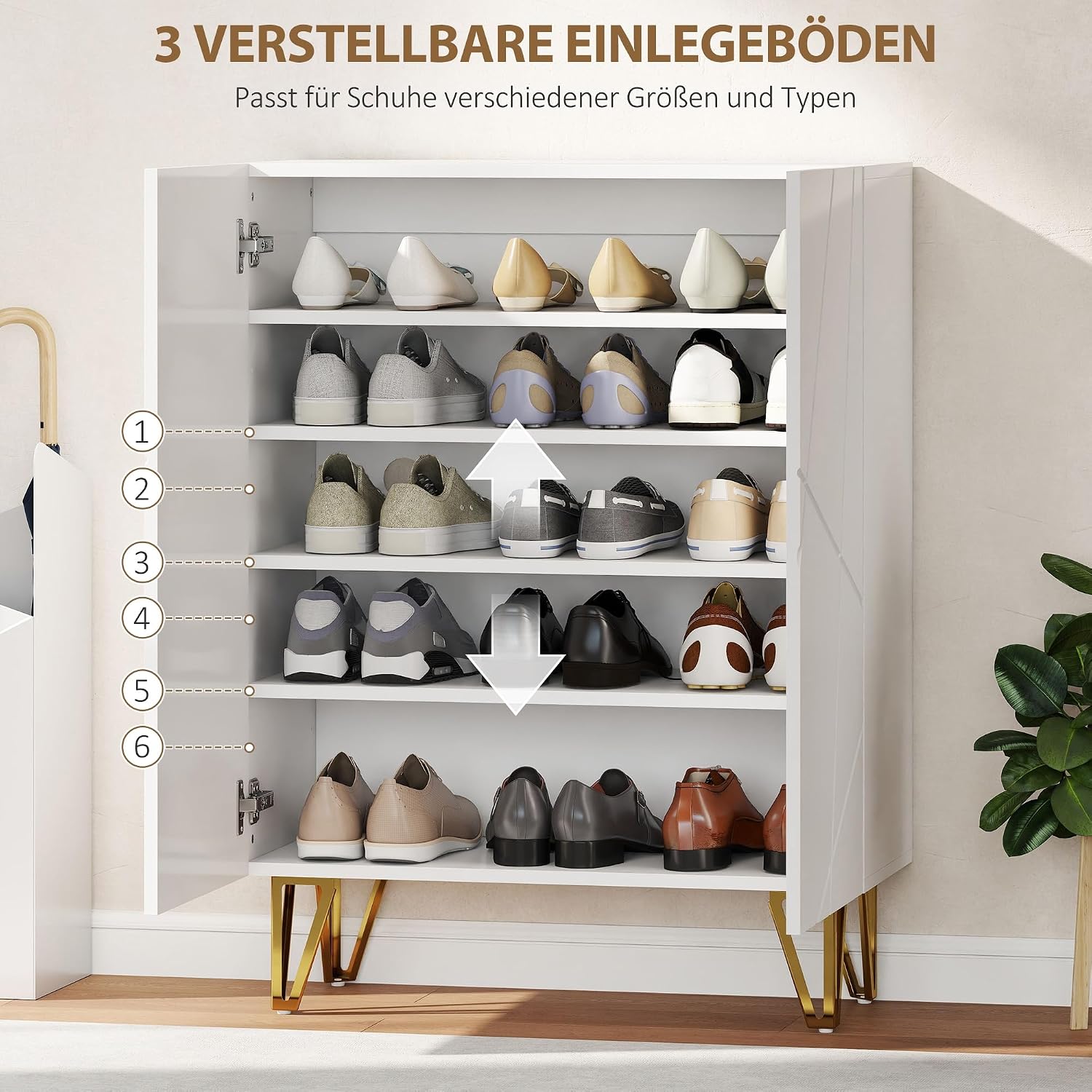 HOMCOM Schuhschrank mit 2 Türen, Schuhregal, Schuhaufbewahrung mit 3 Verstellbaren Ablagen Schuhkommode mit Saft-Close, für 15-20 Paar Schuhe 72 x 31,5 x 95 cm, Weiß — Ansicht 4