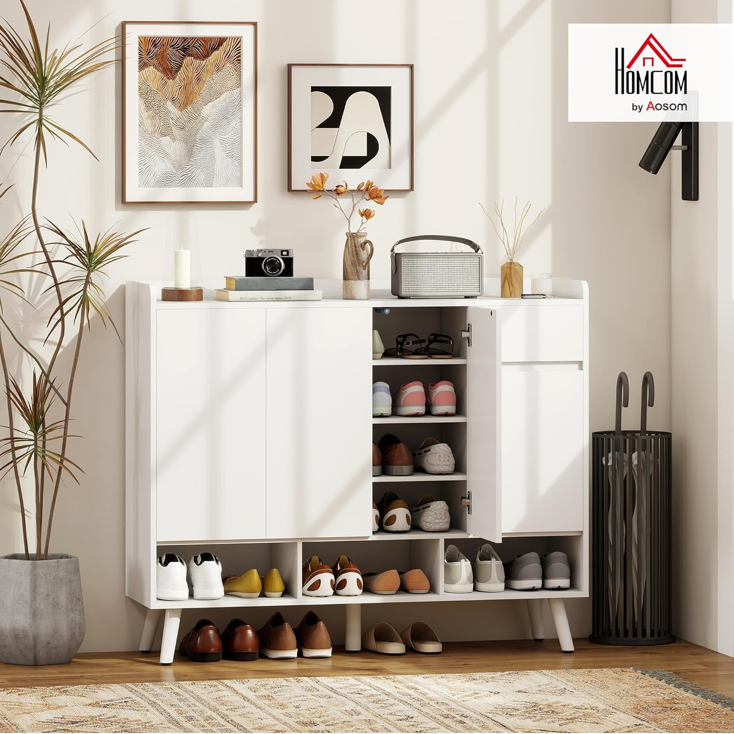 HOMCOM Schuhschrank mit 4 Tür, Druck zum Öffnen-Design Schuhregal Schuhkommode mit 4 Verstellbaren Ablagen, Schublade Schuhaufbewahrung mit Holzbeine 120 x 35 x 100 cm, Weiß — Ansicht 2