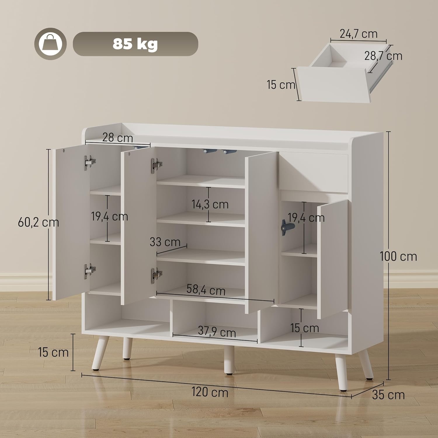 HOMCOM Schuhschrank mit 4 Tür, Druck zum Öffnen-Design Schuhregal Schuhkommode mit 4 Verstellbaren Ablagen, Schublade Schuhaufbewahrung mit Holzbeine 120 x 35 x 100 cm, Weiß — Ansicht 3