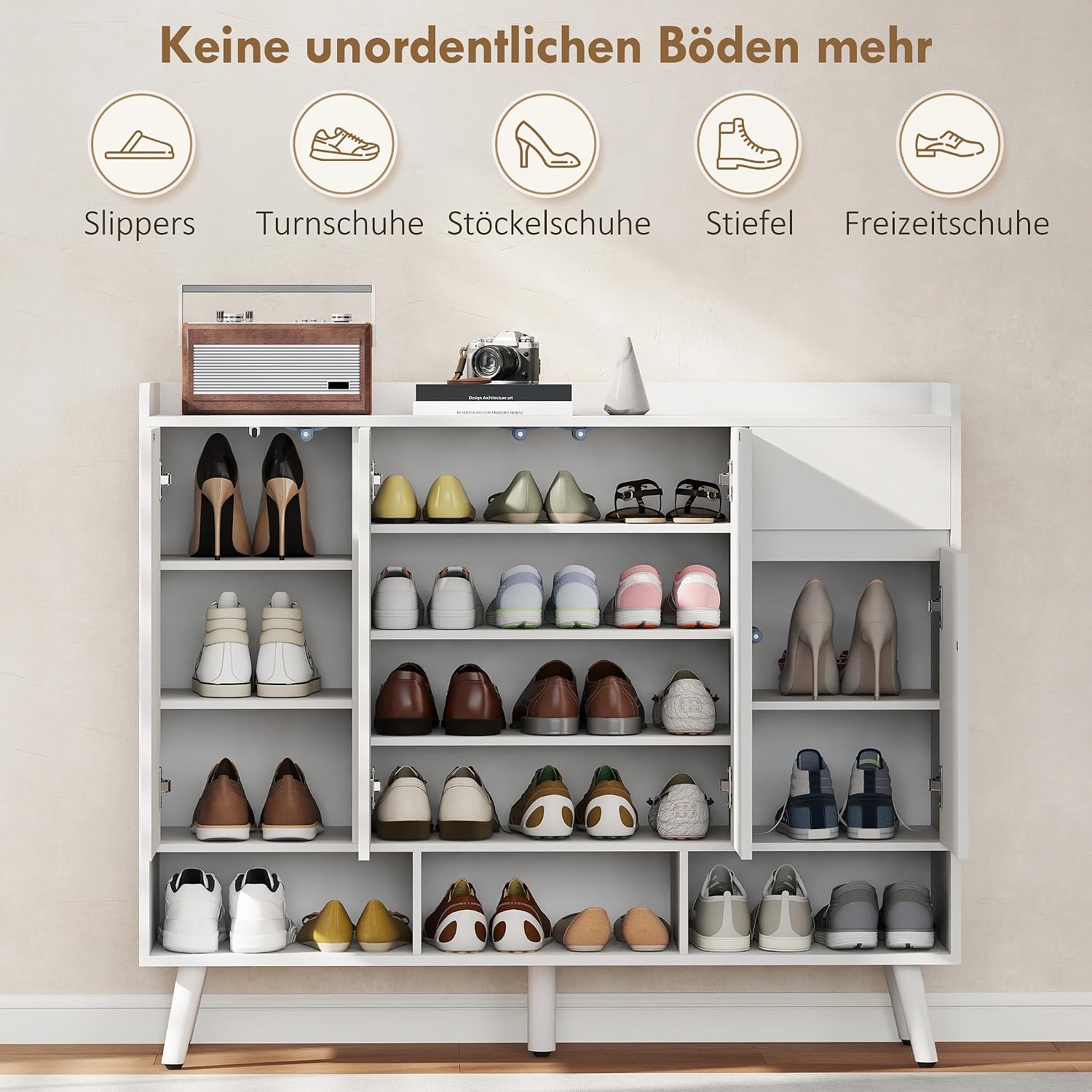 HOMCOM Schuhschrank mit 4 Tür, Druck zum Öffnen-Design Schuhregal Schuhkommode mit 4 Verstellbaren Ablagen, Schublade Schuhaufbewahrung mit Holzbeine 120 x 35 x 100 cm, Weiß — Ansicht 4