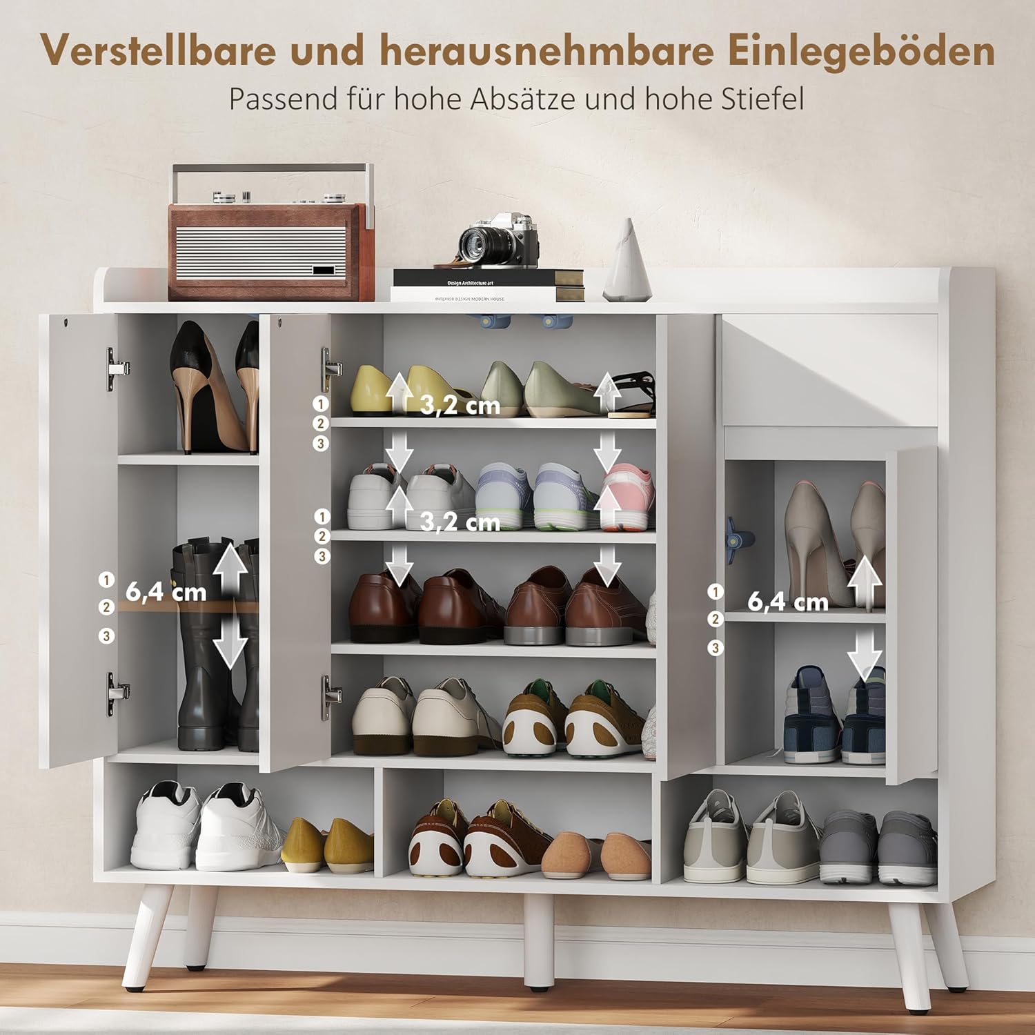 HOMCOM Schuhschrank mit 4 Tür, Druck zum Öffnen-Design Schuhregal Schuhkommode mit 4 Verstellbaren Ablagen, Schublade Schuhaufbewahrung mit Holzbeine 120 x 35 x 100 cm, Weiß — Ansicht 5