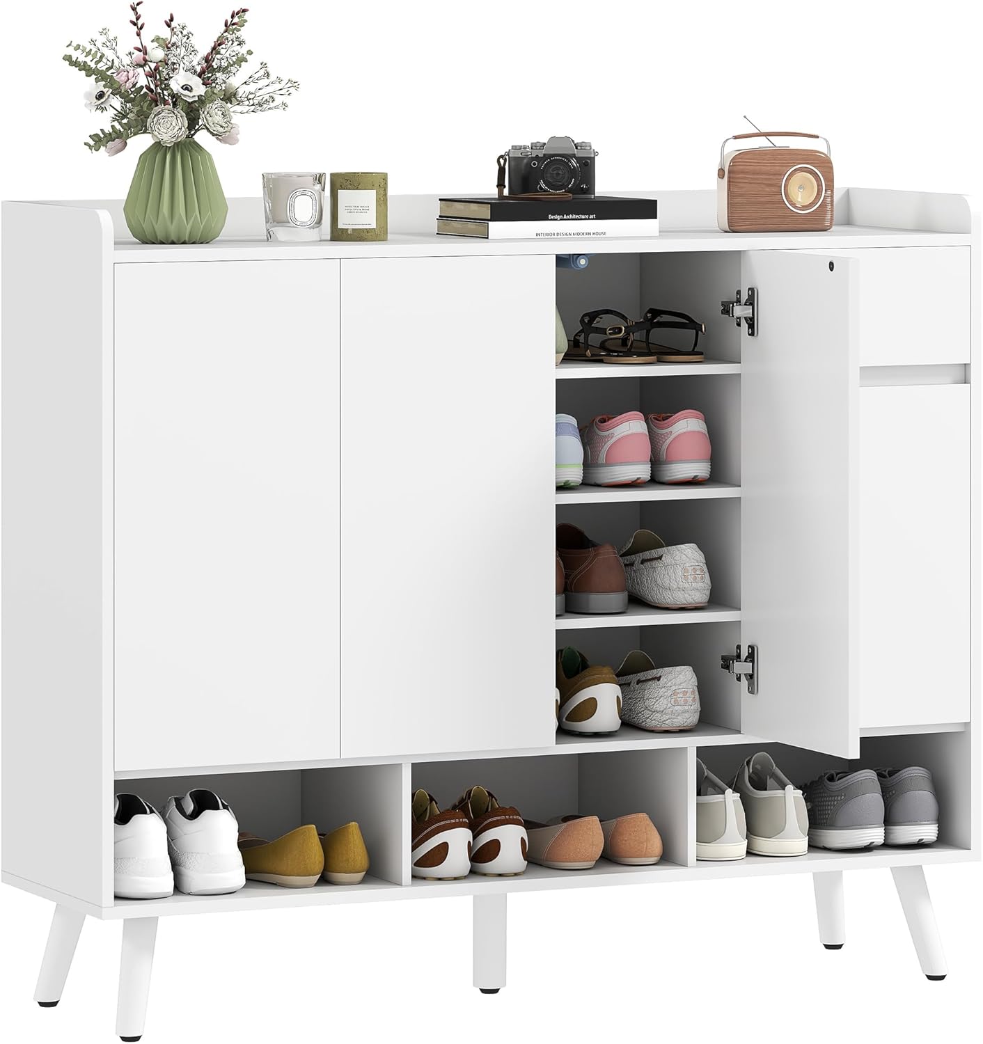 HOMCOM Schuhschrank mit 4 Tür, Druck zum Öffnen-Design Schuhregal Schuhkommode mit 4 Verstellbaren Ablagen, Schublade Schuhaufbewahrung mit Holzbeine 120 x 35 x 100 cm, Weiß