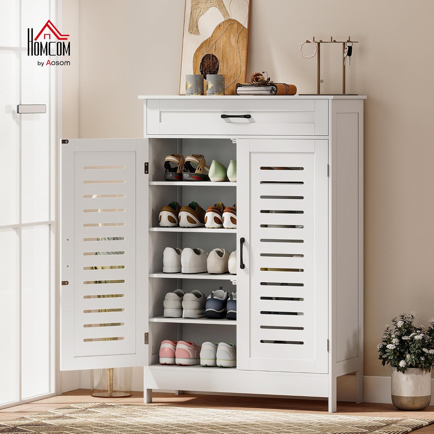 HOMCOM Schuhschrank mit 5 Ebenen, Schuhschrank mit Schublade, Gittertüren, verstellbare Regale, für 20 Paar Schuhe, Schuhregal für Flur, Flur, 78 x 37 x 115,8 cm, Weiß — Ansicht 2