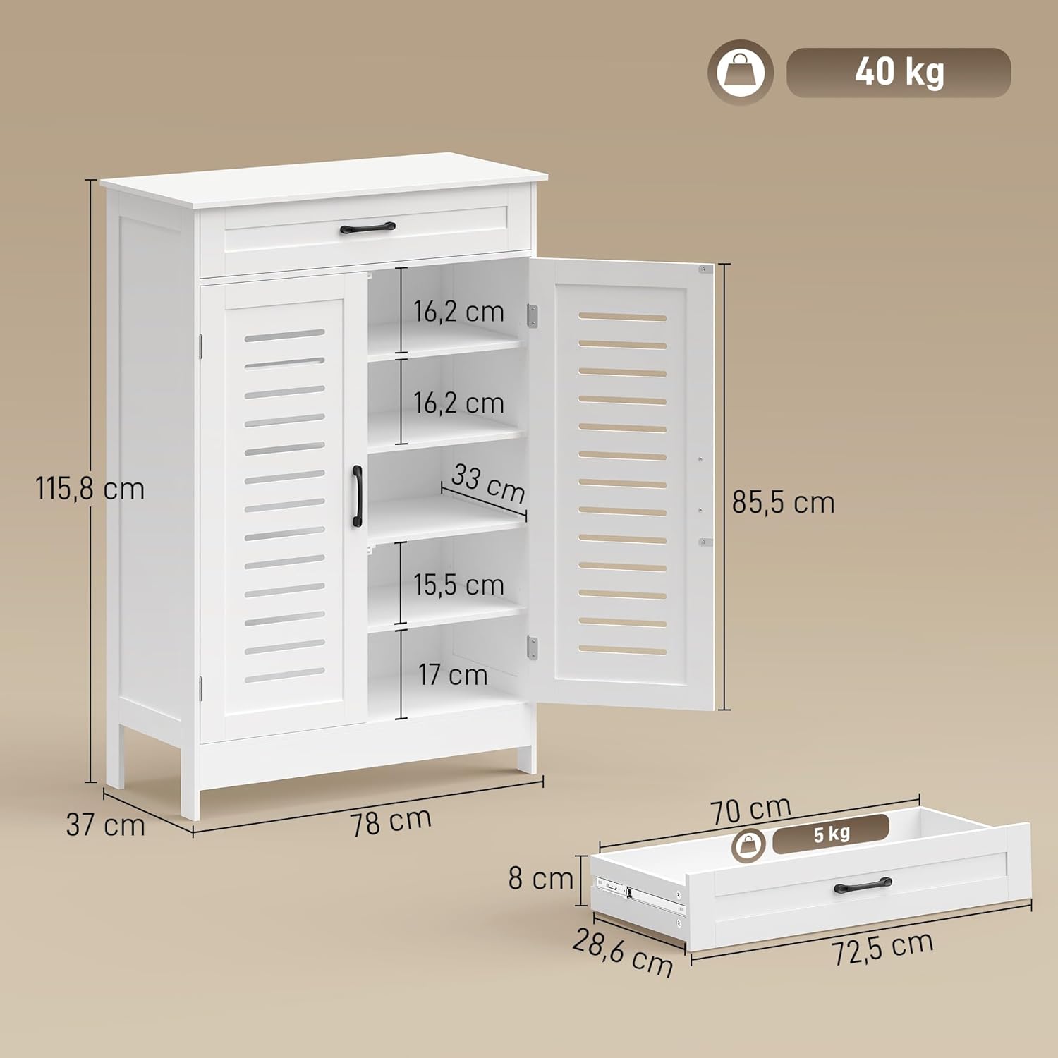 HOMCOM Schuhschrank mit 5 Ebenen, Schuhschrank mit Schublade, Gittertüren, verstellbare Regale, für 20 Paar Schuhe, Schuhregal für Flur, Flur, 78 x 37 x 115,8 cm, Weiß — Ansicht 3