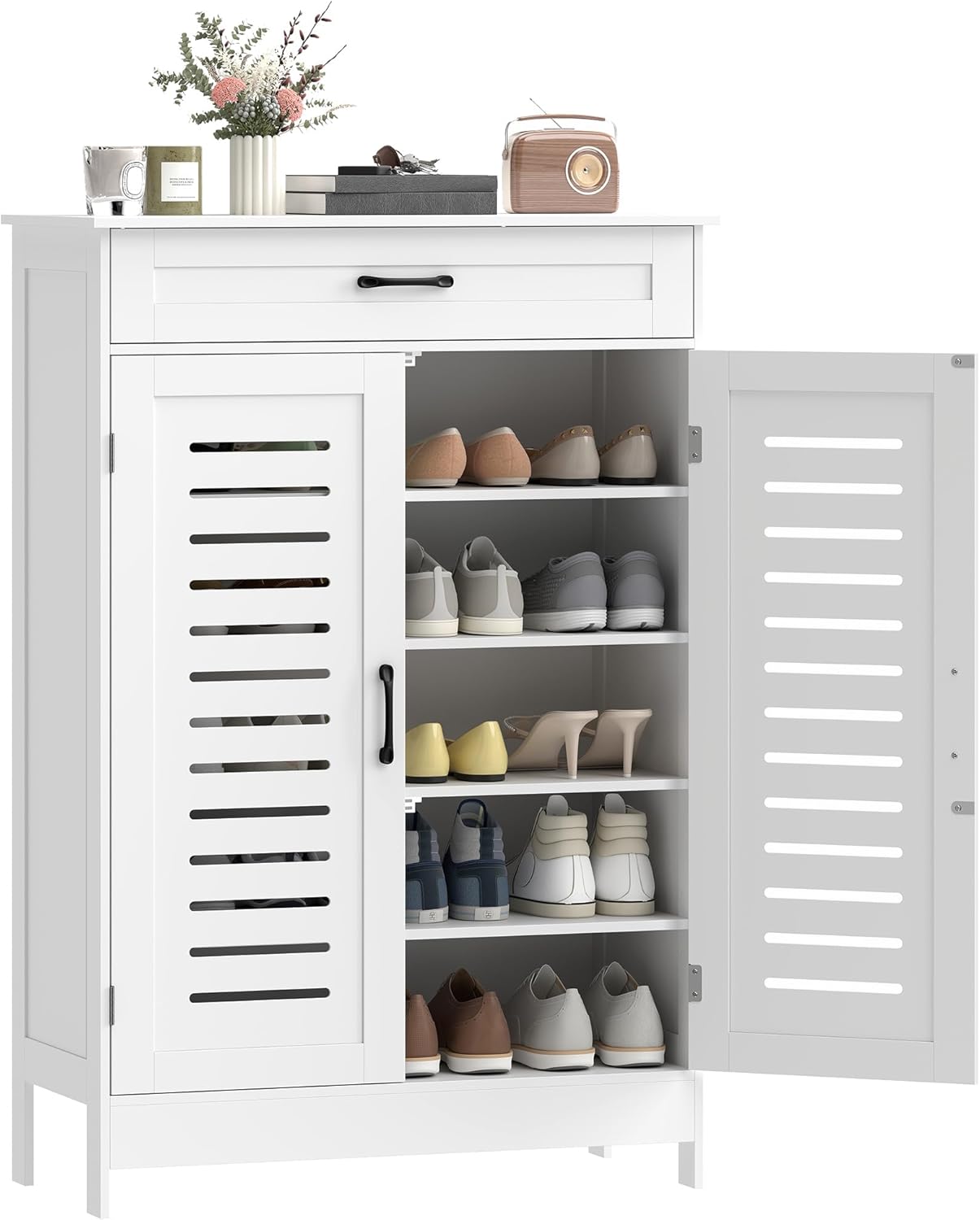 HOMCOM Schuhschrank mit 5 Ebenen, Schuhschrank mit Schublade, Gittertüren, verstellbare Regale, für 20 Paar Schuhe, Schuhregal für Flur, Flur, 78 x 37 x 115,8 cm, Weiß