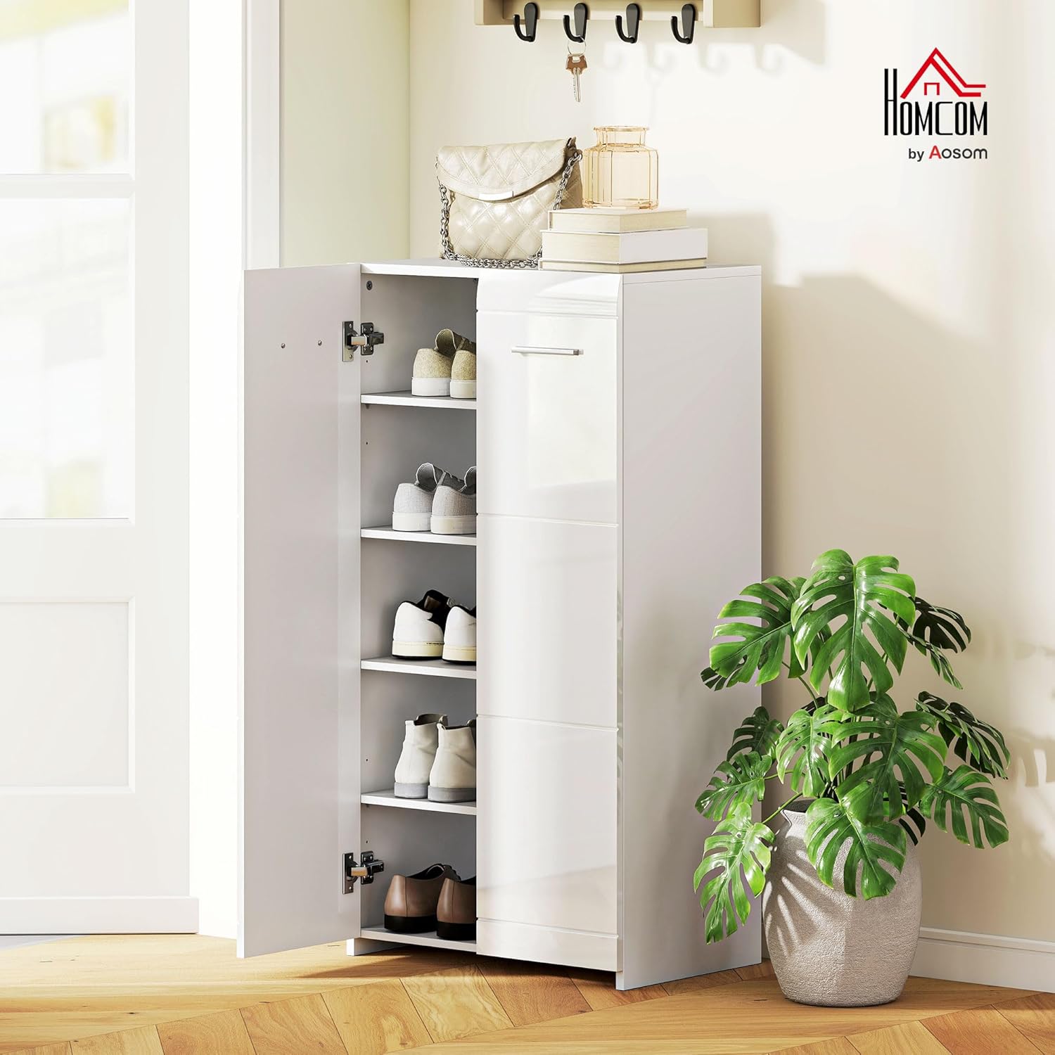 HOMCOM Schuhschrank, Schuhaufbewahrung mit 2 Türen, 5 Ebenen, Flurschrank mit Verstellbaren Ablagen Schuhkommode für 10 Paar Flur, Eingangsbereich 55 x 36 x 108cm, Hochglanz Weiß — Ansicht 2