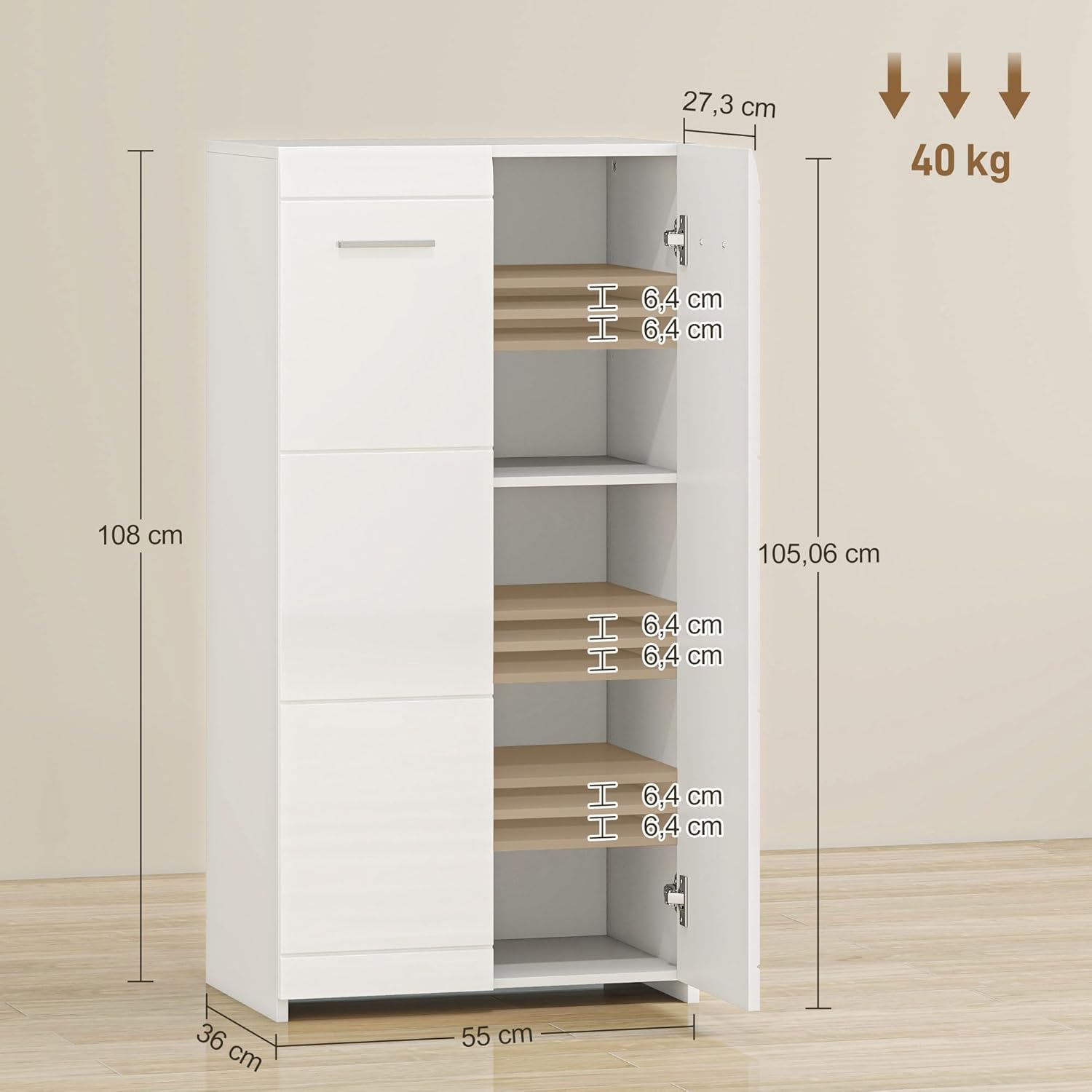 HOMCOM Schuhschrank, Schuhaufbewahrung mit 2 Türen, 5 Ebenen, Flurschrank mit Verstellbaren Ablagen Schuhkommode für 10 Paar Flur, Eingangsbereich 55 x 36 x 108cm, Hochglanz Weiß — Ansicht 3