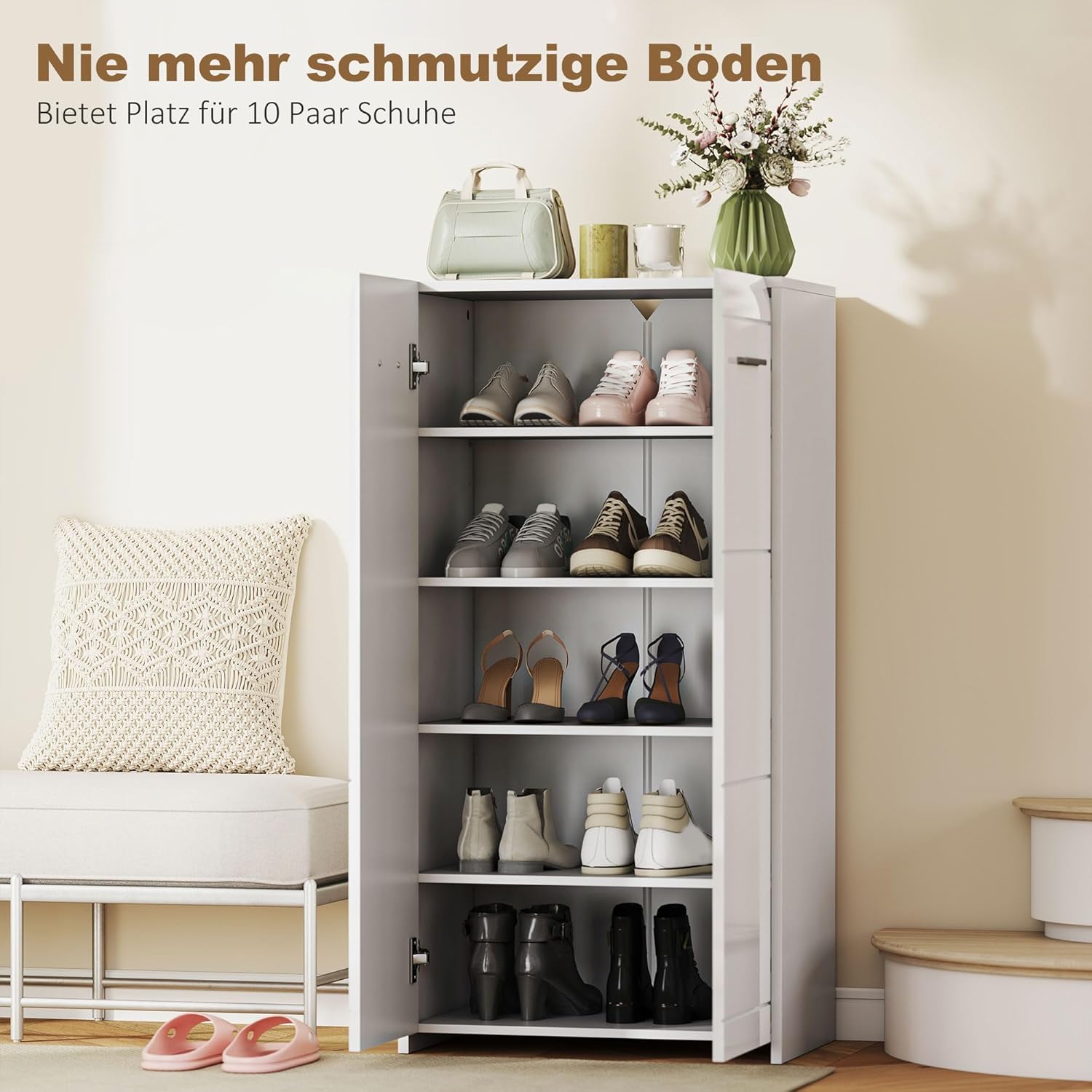 HOMCOM Schuhschrank, Schuhaufbewahrung mit 2 Türen, 5 Ebenen, Flurschrank mit Verstellbaren Ablagen Schuhkommode für 10 Paar Flur, Eingangsbereich 55 x 36 x 108cm, Hochglanz Weiß — Ansicht 4
