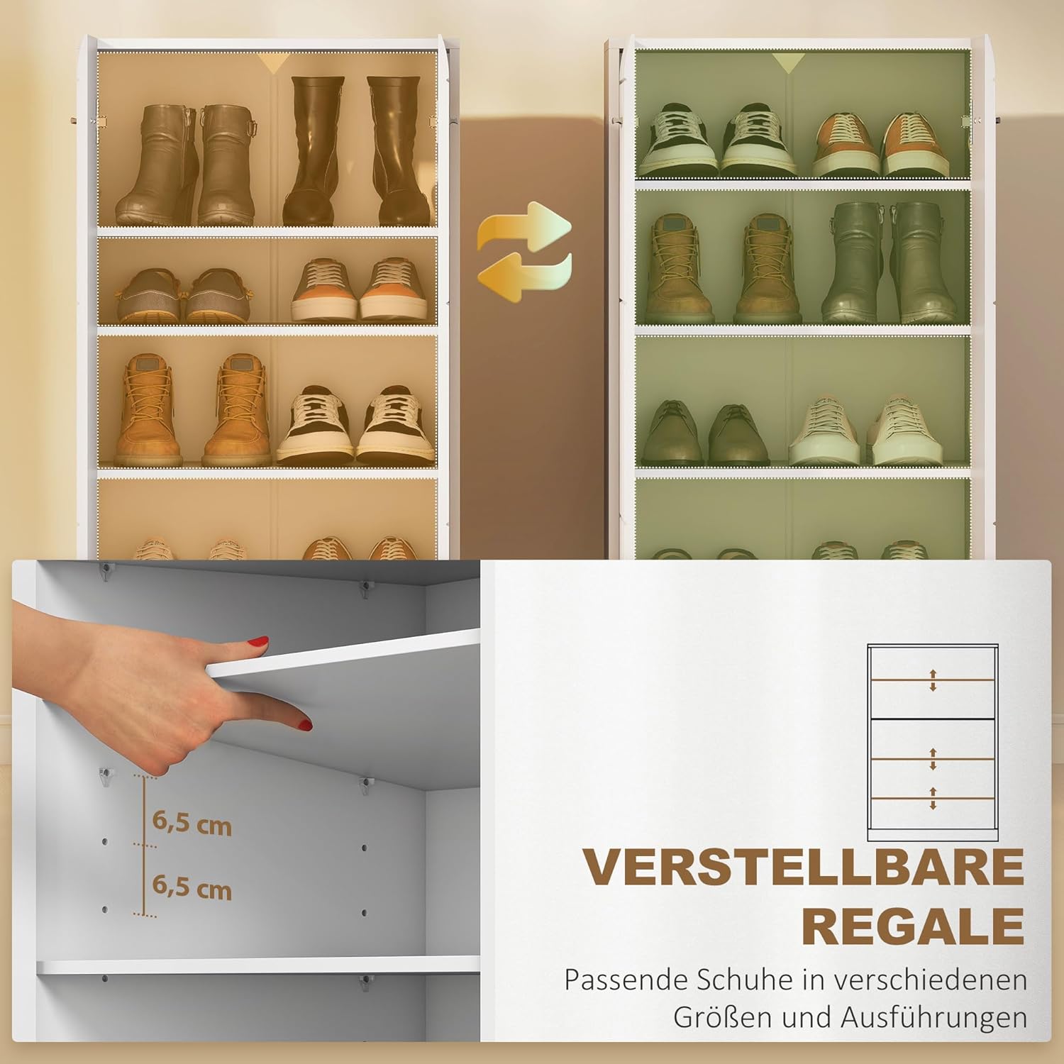 HOMCOM Schuhschrank, Schuhaufbewahrung mit 2 Türen, 5 Ebenen, Flurschrank mit Verstellbaren Ablagen Schuhkommode für 10 Paar Flur, Eingangsbereich 55 x 36 x 108cm, Hochglanz Weiß — Ansicht 5